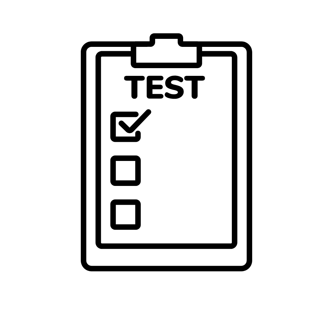 Line drawing of a clipboard with a test form, showing one checked box and two unchecked boxes.