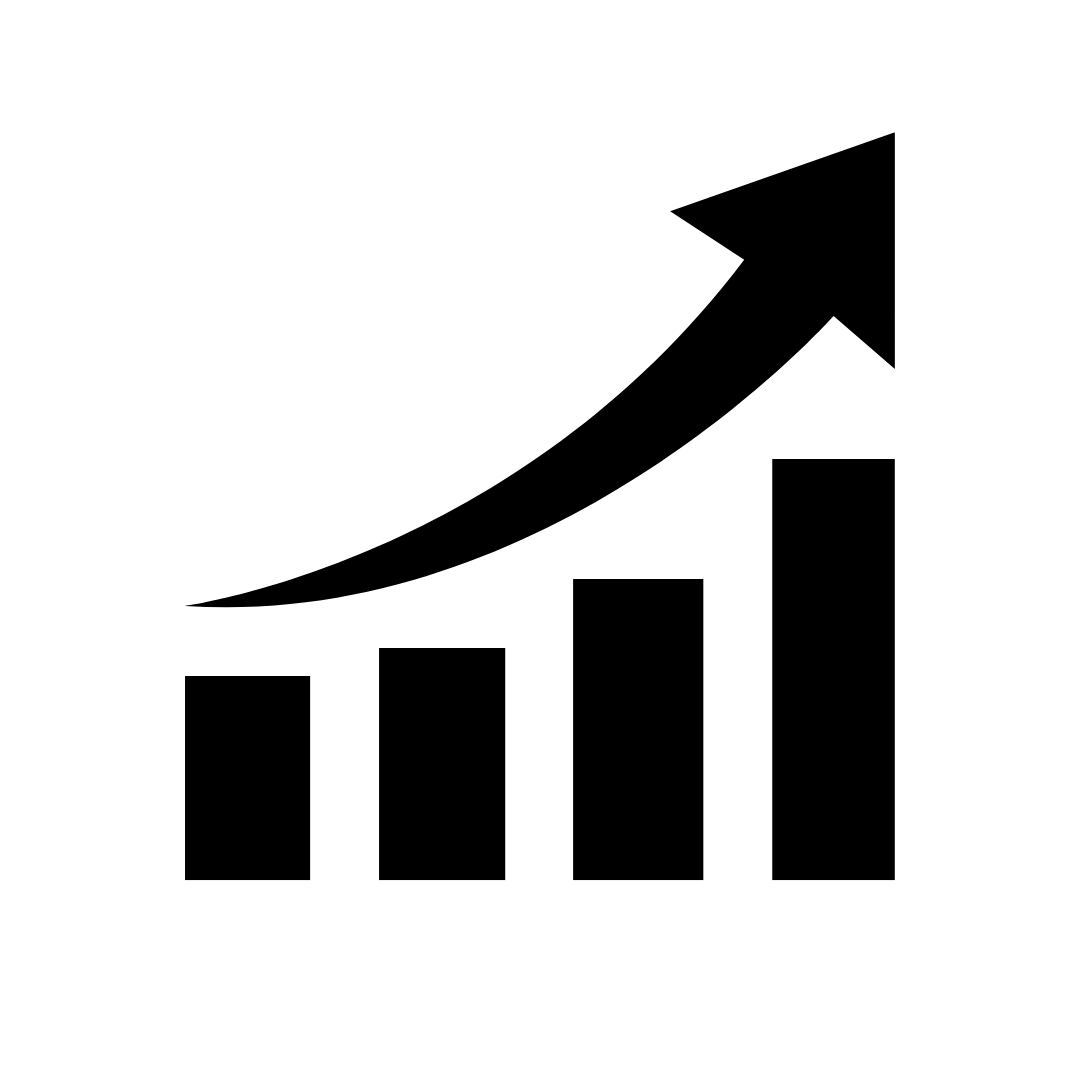 Black bar chart with four ascending bars and an upward-pointing arrow.