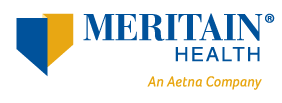 Meritain Health logo with blue and gold shield icon and blue text, and yellow tagline 'An Aetna Company'