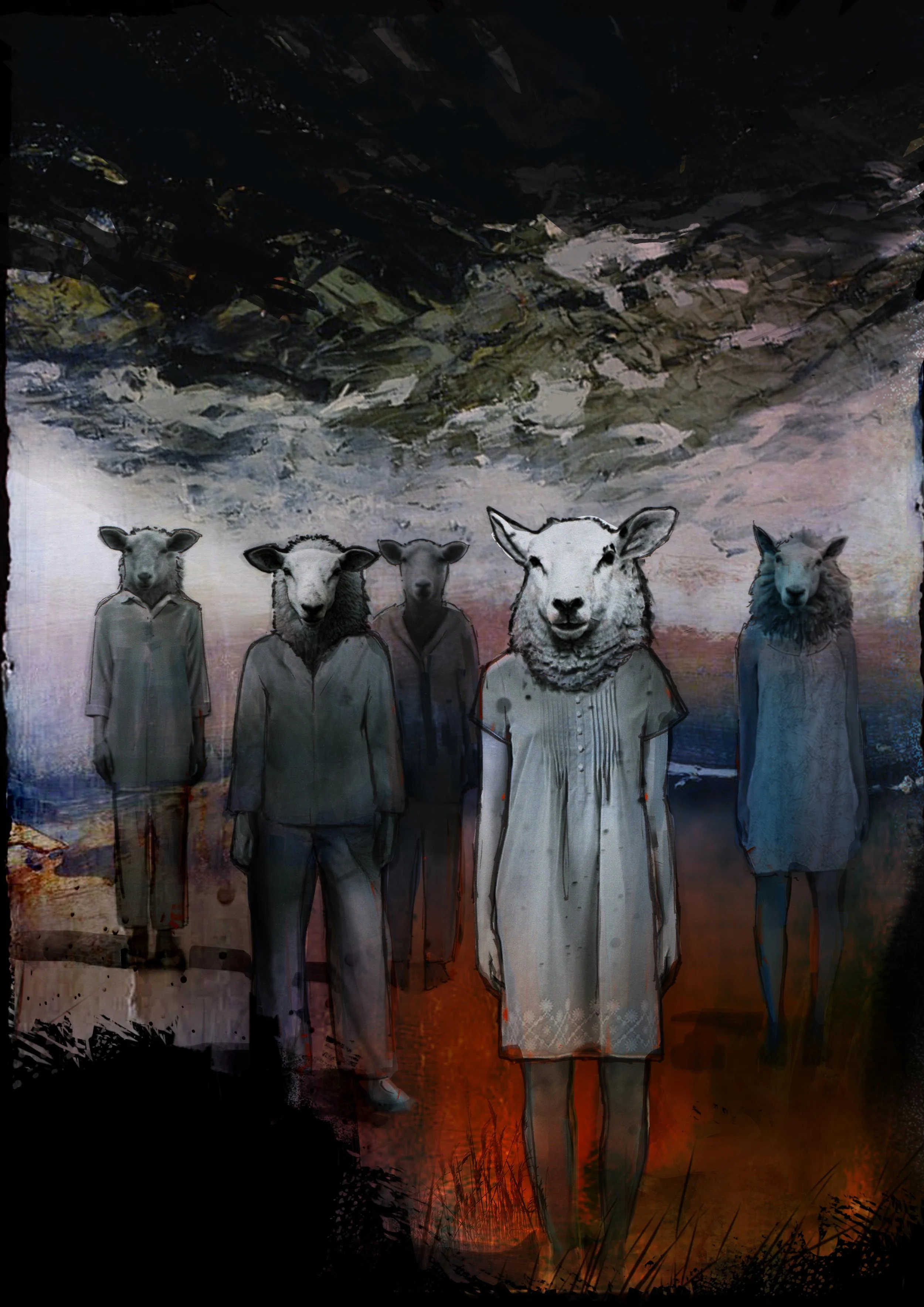 Five individuals with sheep heads are standing with a dark, cloudy sky overhead.