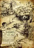 An old, sepia-toned illustration of a medieval town near a river, with a bridge, buildings, and a person on a boat.