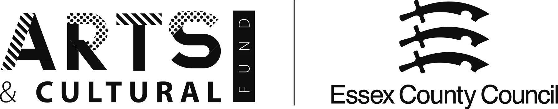 Logo with artistic text 'ARTS & CULTURAL FUND' on the left and a stylized three-pronged symbol with the text 'Essex County Council' below it on the right.
