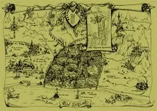 A vintage, hand-drawn map with illustrations of landscapes and landmarks.