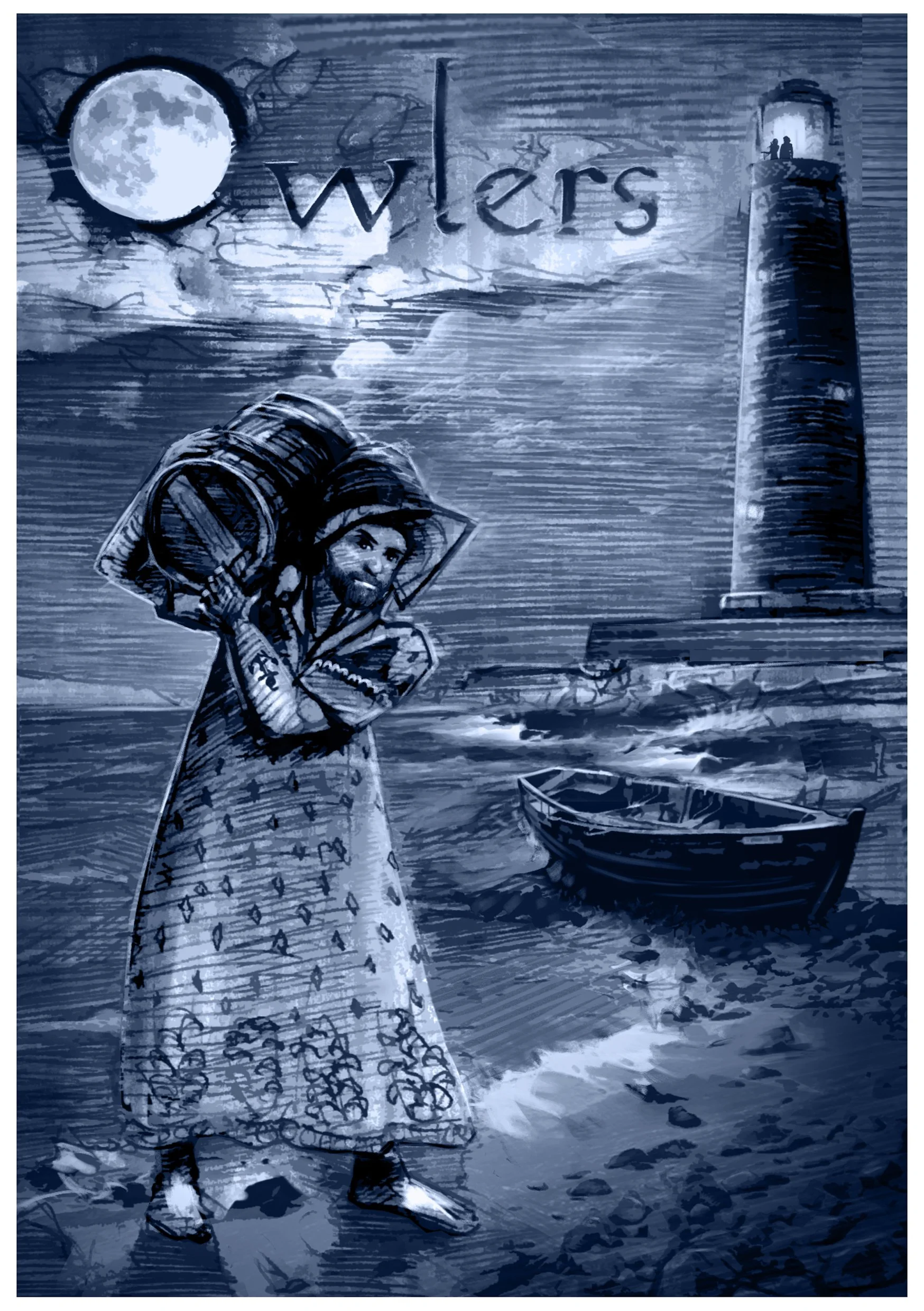 A woman standing by a body of water at night, holding a large jug on her shoulder, with a lighthouse in the background and the moon shining overhead, titled 'Writers'.