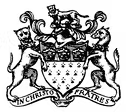 A detailed black and white illustration of a heraldic coat of arms with a shield, crest, and decorative elements.
