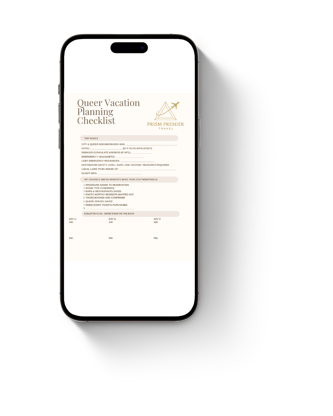 Mobile phone screen displaying a queer vacation planning checklist from Prism Premier Travel, with sections for trip basics, VIP details, and a skeleton plan for three days.