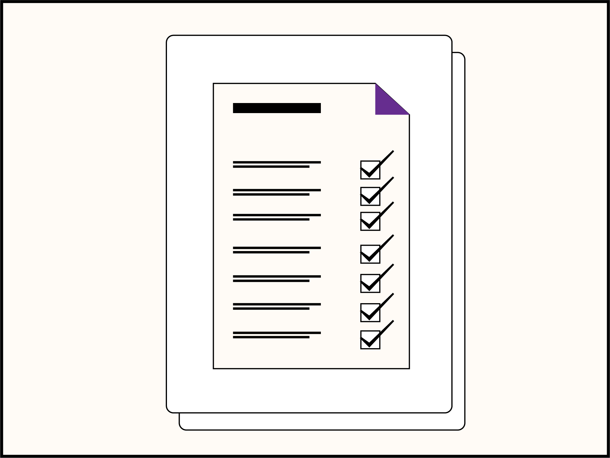 A digital illustration of a checklist with several items, each marked with a black checkmark, on a white paper with a purple corner fold, against a light background.