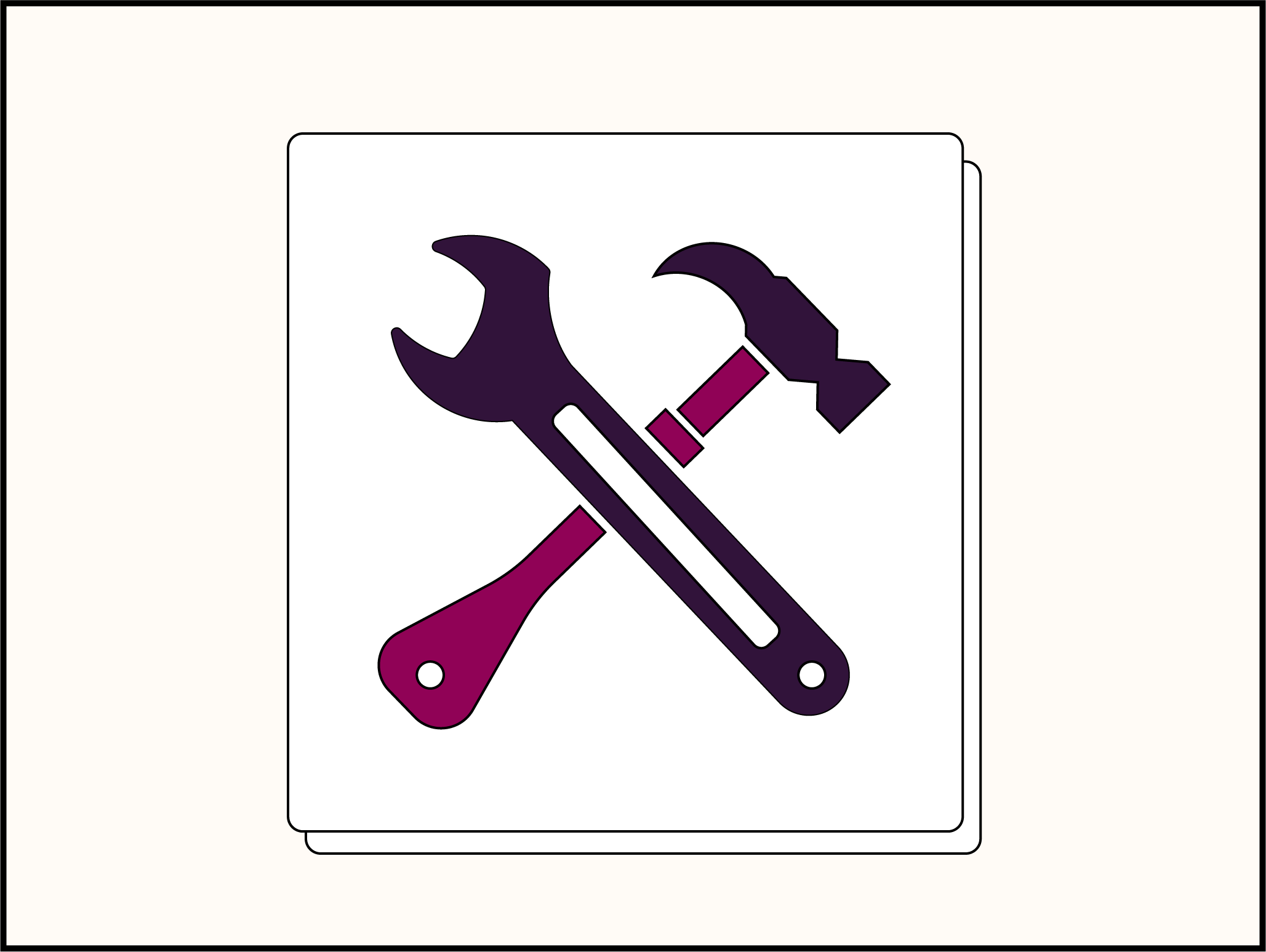 Illustration of tools including a wrench and hammer crossed over each other, with a screwdriver nearby, set against a light background.