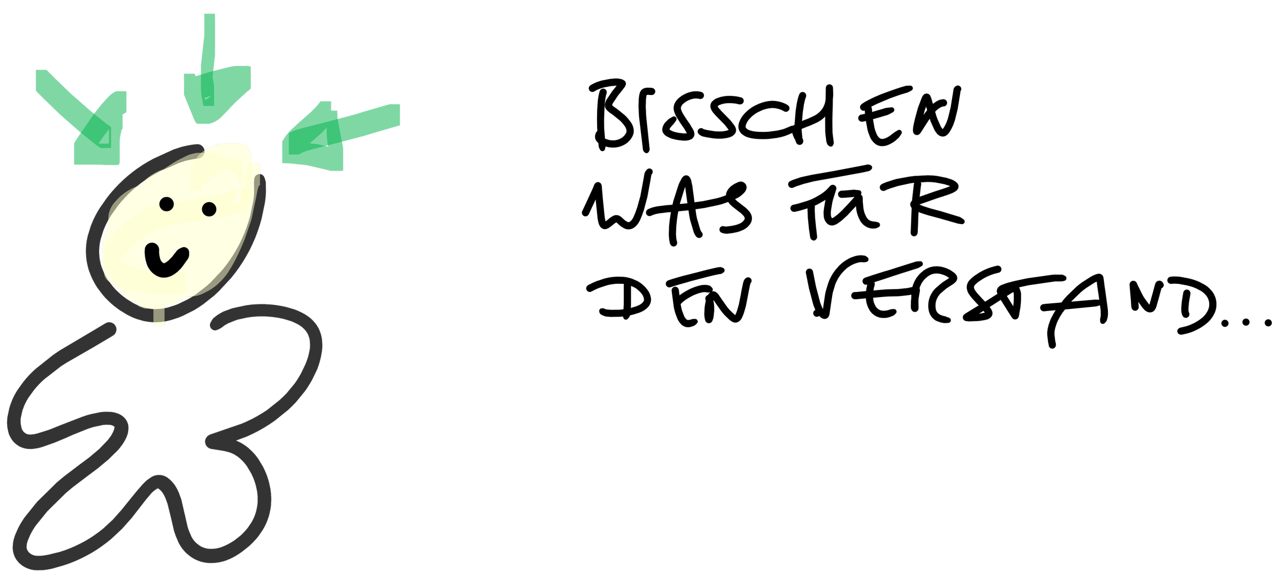 Ein einfaches, handgezeichnetes Bild einer Figur mit Pfeilen auf den Kopf, daneben der Text "Bisschen was für den Verstand..."