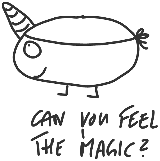Ein handgezeichnetes Einhorn mit Text, der fragt "Can you feel the magic?"