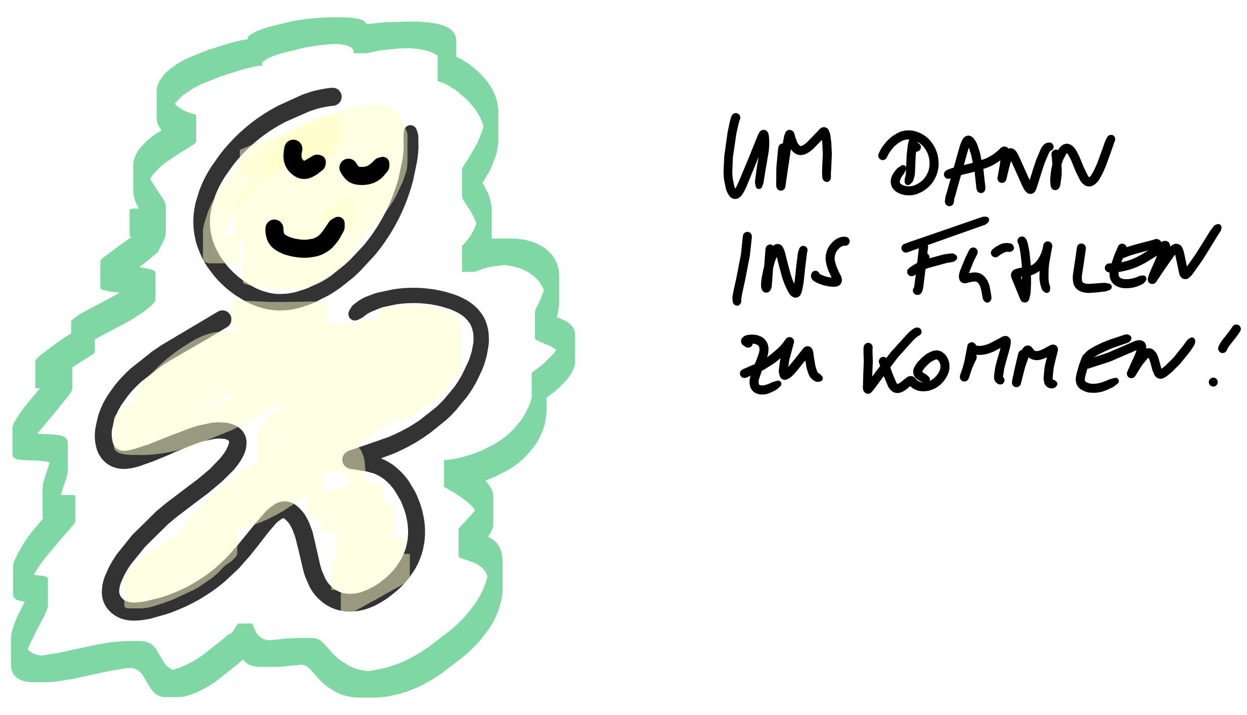 Ein einfaches, handgezeichnetes Bild einer Figur mit grün umrandetem Körper, daneben der Text "Um dann ins Fühlen zu kommen!"