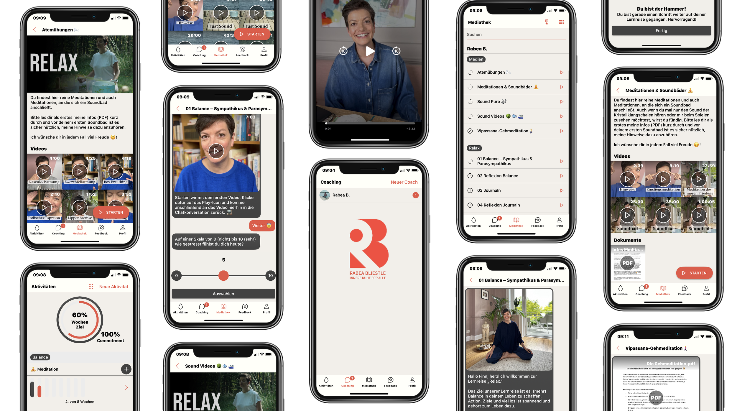 Screenshots einer Meditations- und Entspannungs-App auf einem iPhone, die verschiedene Meditationsvideos, Übungen, Coaching-Optionen, Fortschrittsverfolgung und Dokumente zeigt.
