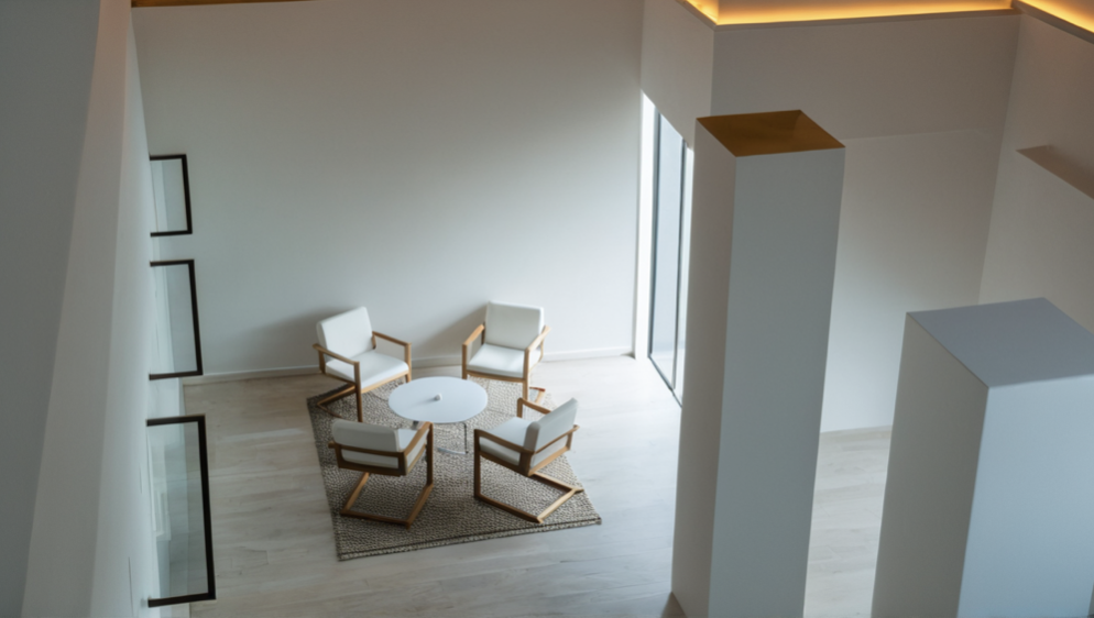 Interior view of a modern, minimalistic living room with four white armchairs around a small round white table, a neutral-colored rug, white walls, and a large window/door letting in natural light.