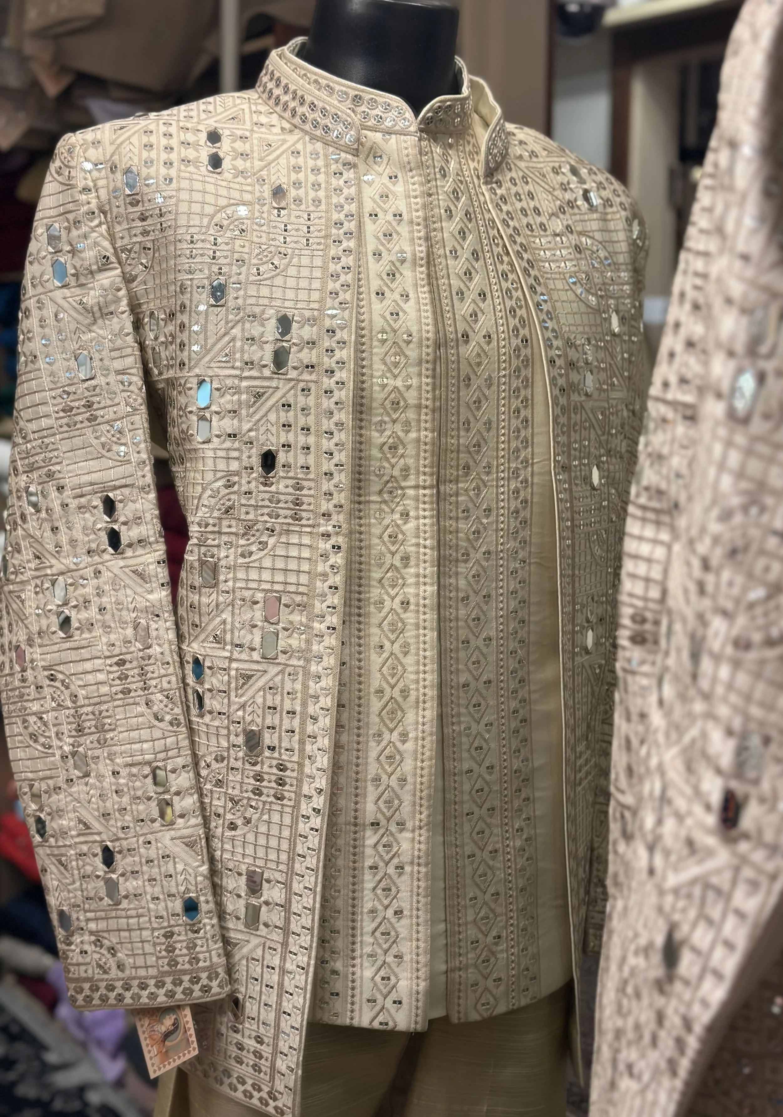 Off white mirrored short sherwani 3-piece set front view - georgette groom wear Sydney