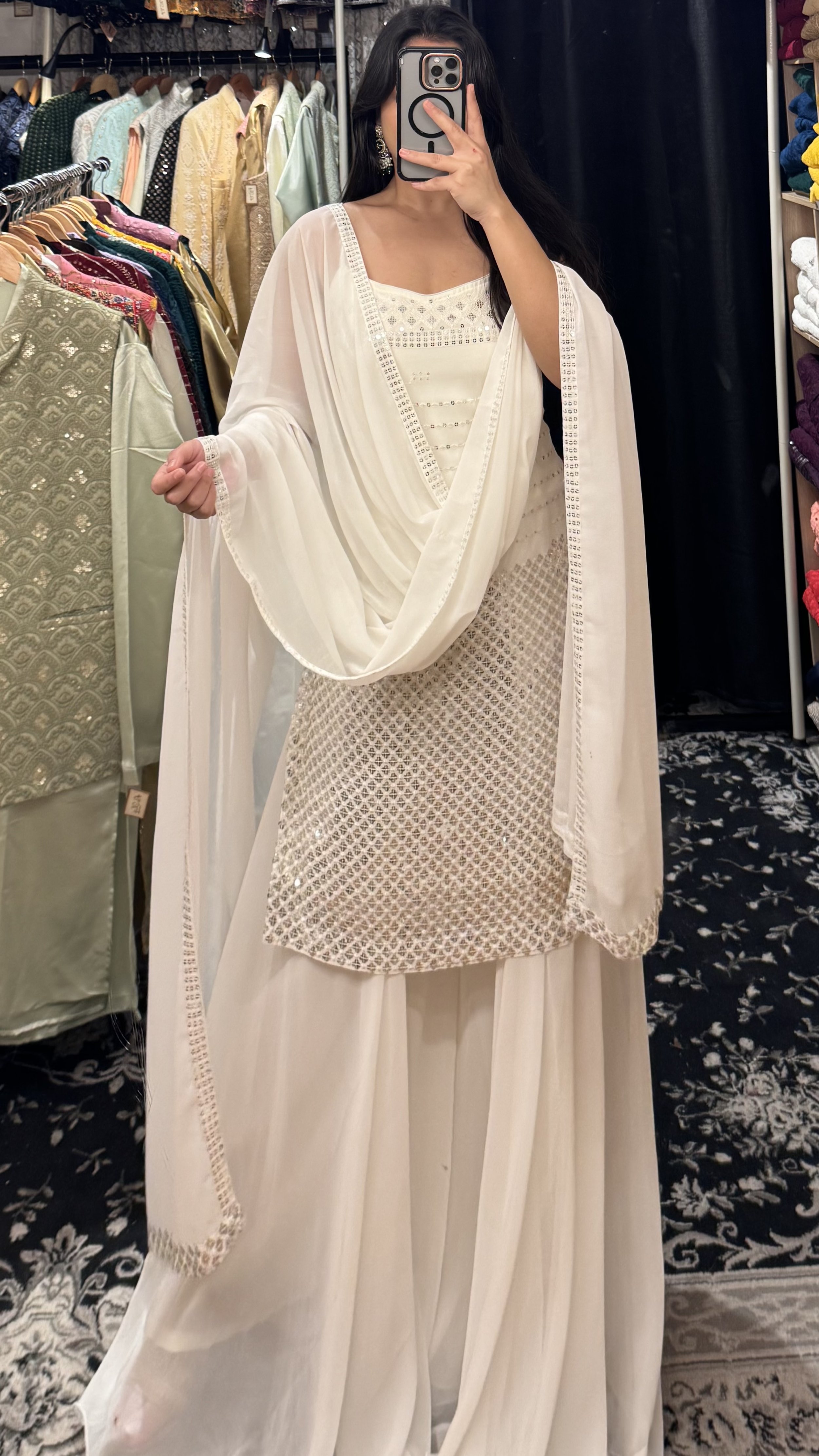 Model wearing off-white sequin sharara set with dupatta - designer Indian wedding outfit Australia.jpg