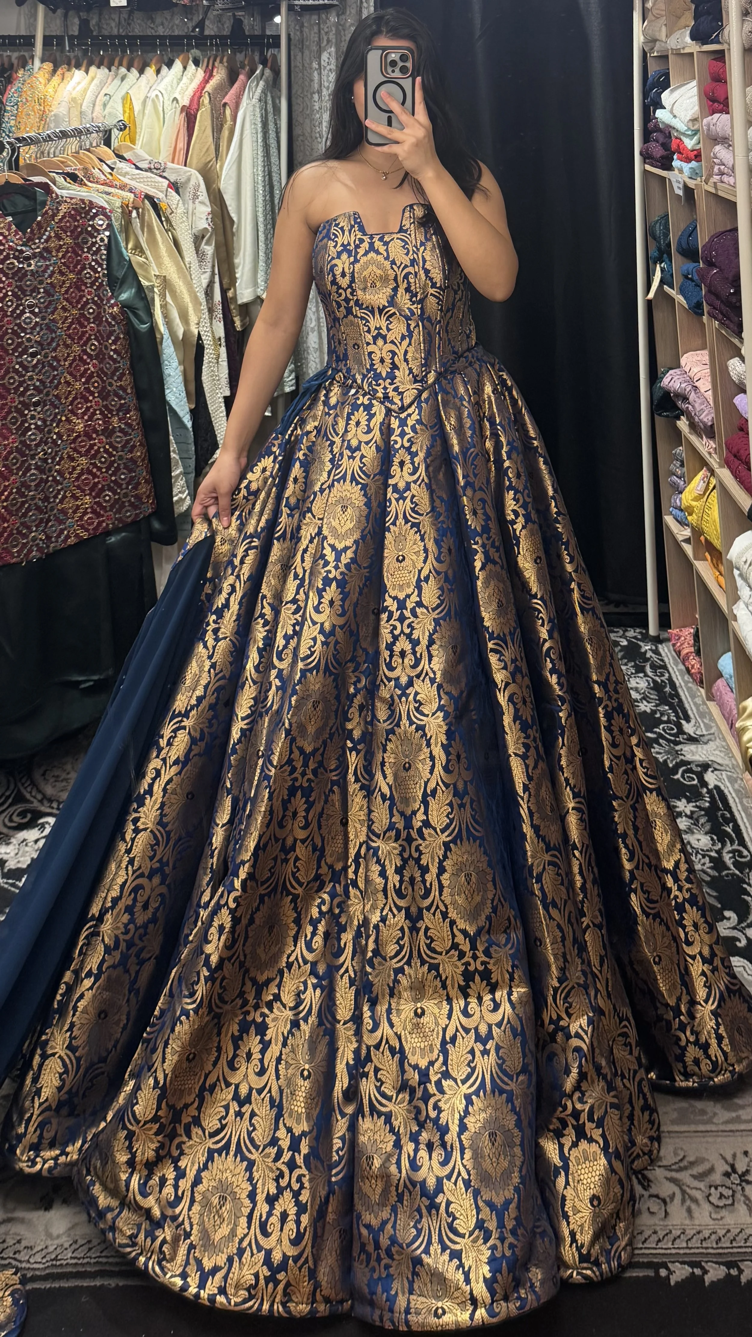 Majestic Blue & Gold Brocade Gown