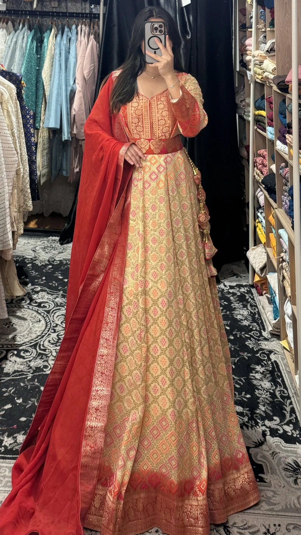 golden dress with red dupatta & Gold Banarasi Georgette Anarkali Gown 6 drawer dresser