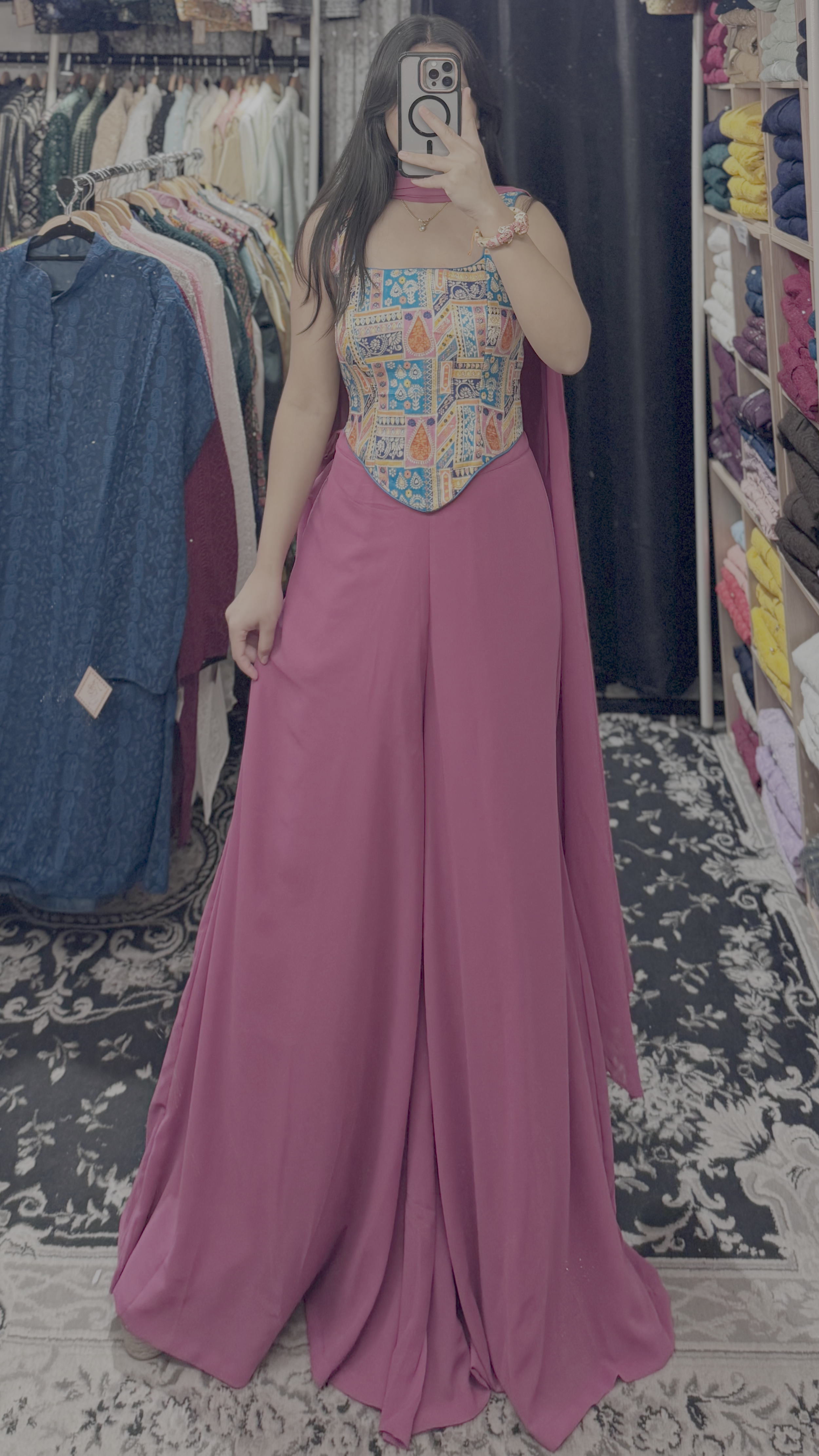 Blue Rajasthani Patchwork Corset & Mauve Pink Palazzo Set