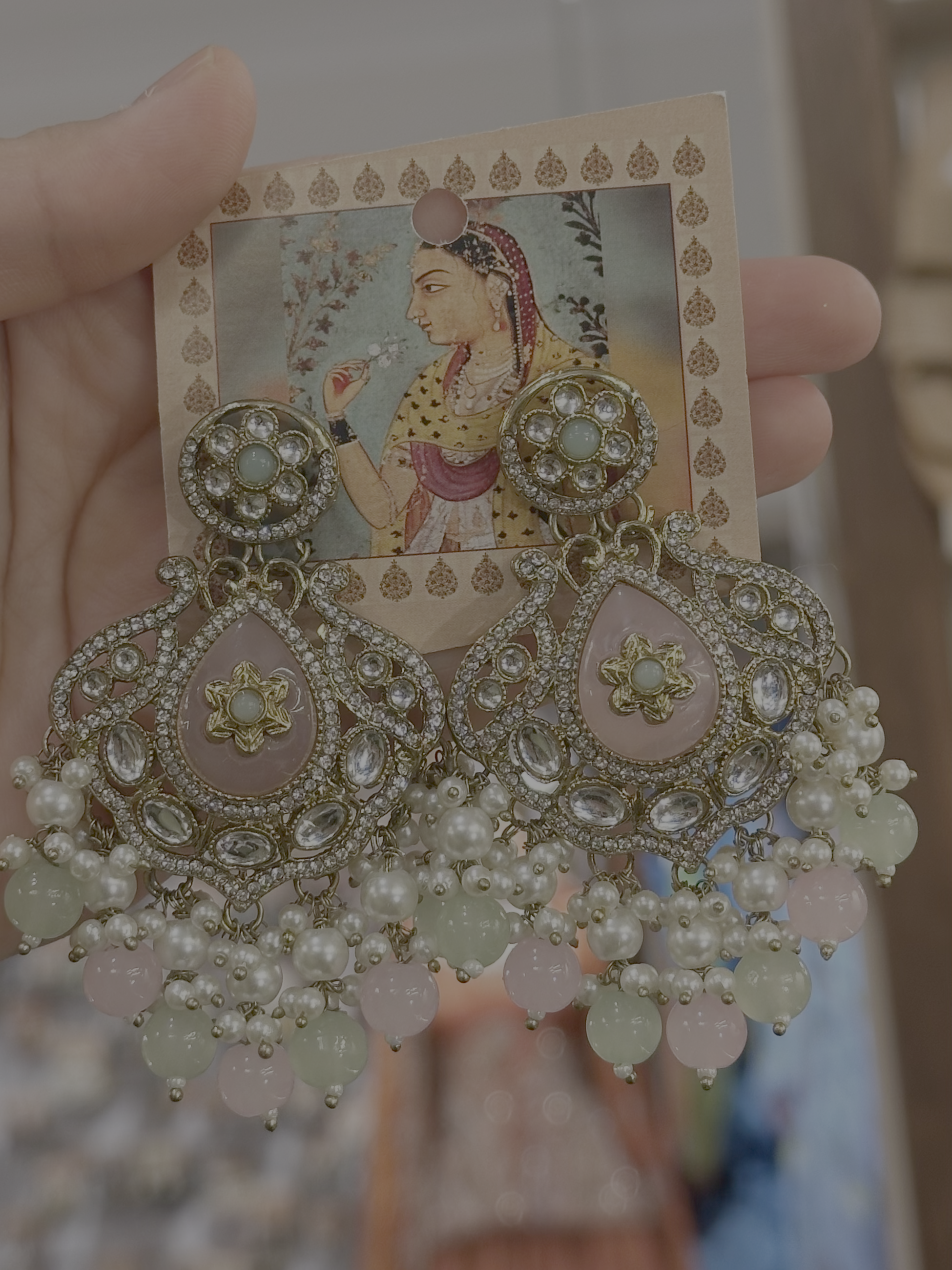 Pink and mint green kundan chandbali earrings with pearl and bead drops – Indian bridal jewellery available at Rashi's Collection Harris Park Sydney