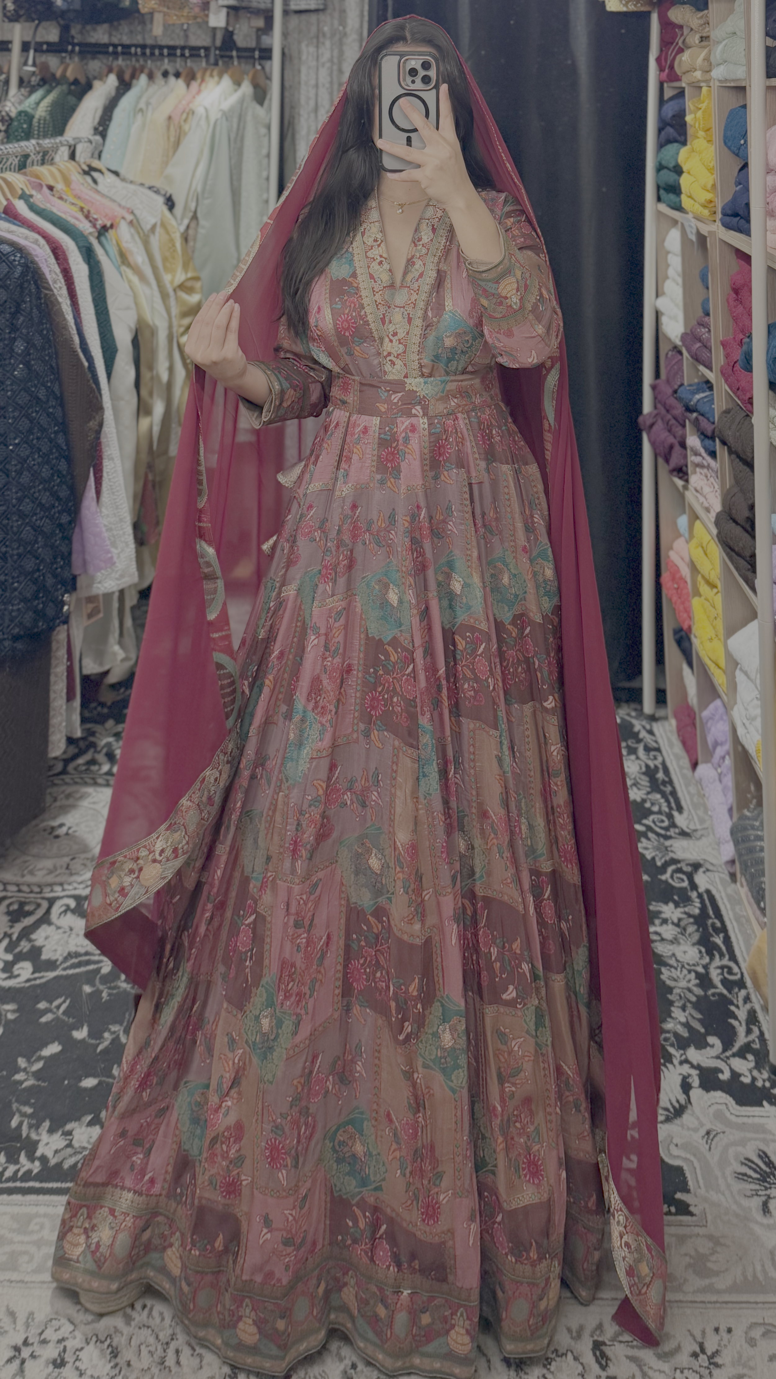 Dusty Rose Printed Anarkali Gown with Dupatta