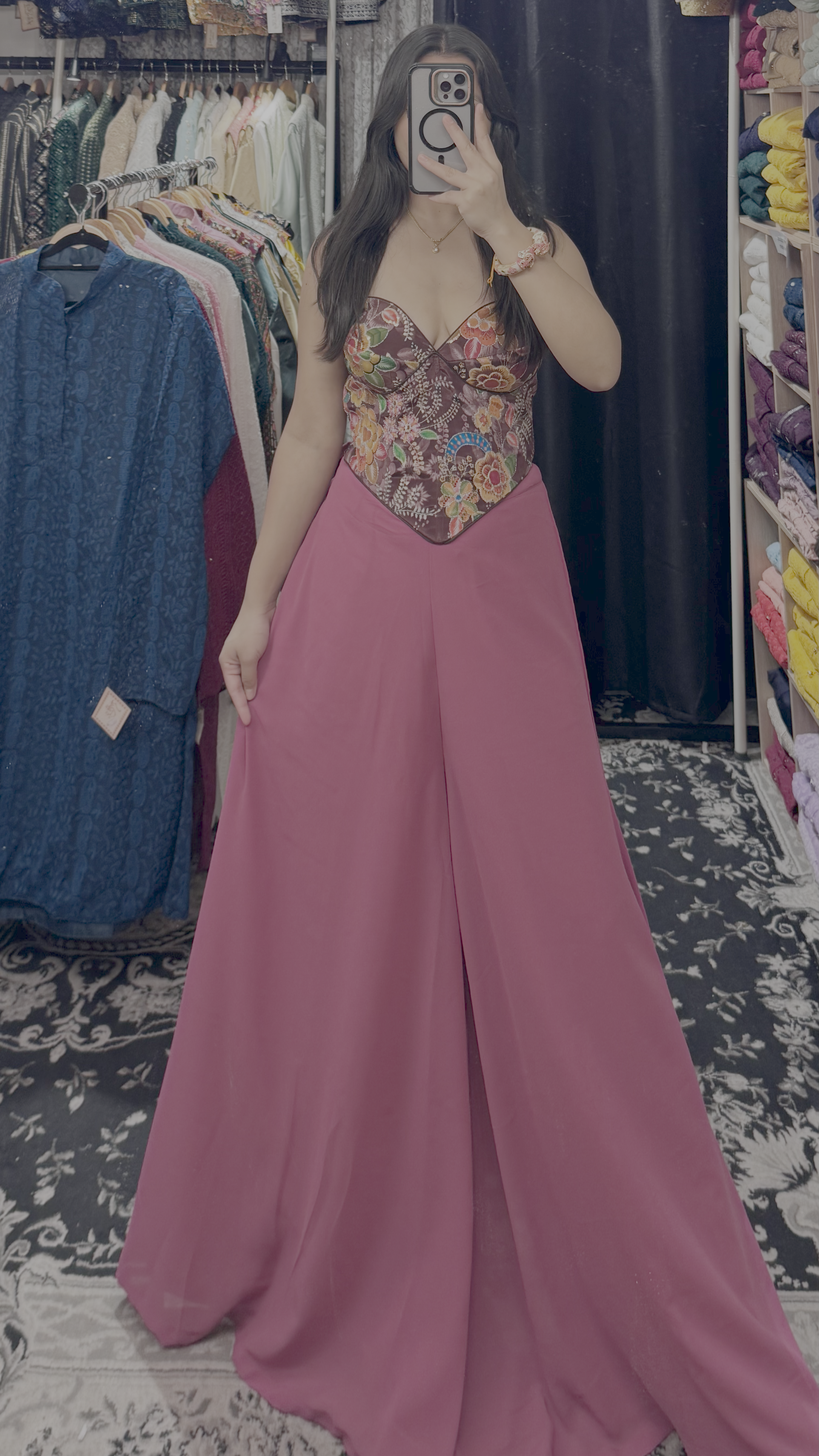 Wine Floral Embroidered Corset & Dusty Pink Palazzo Set