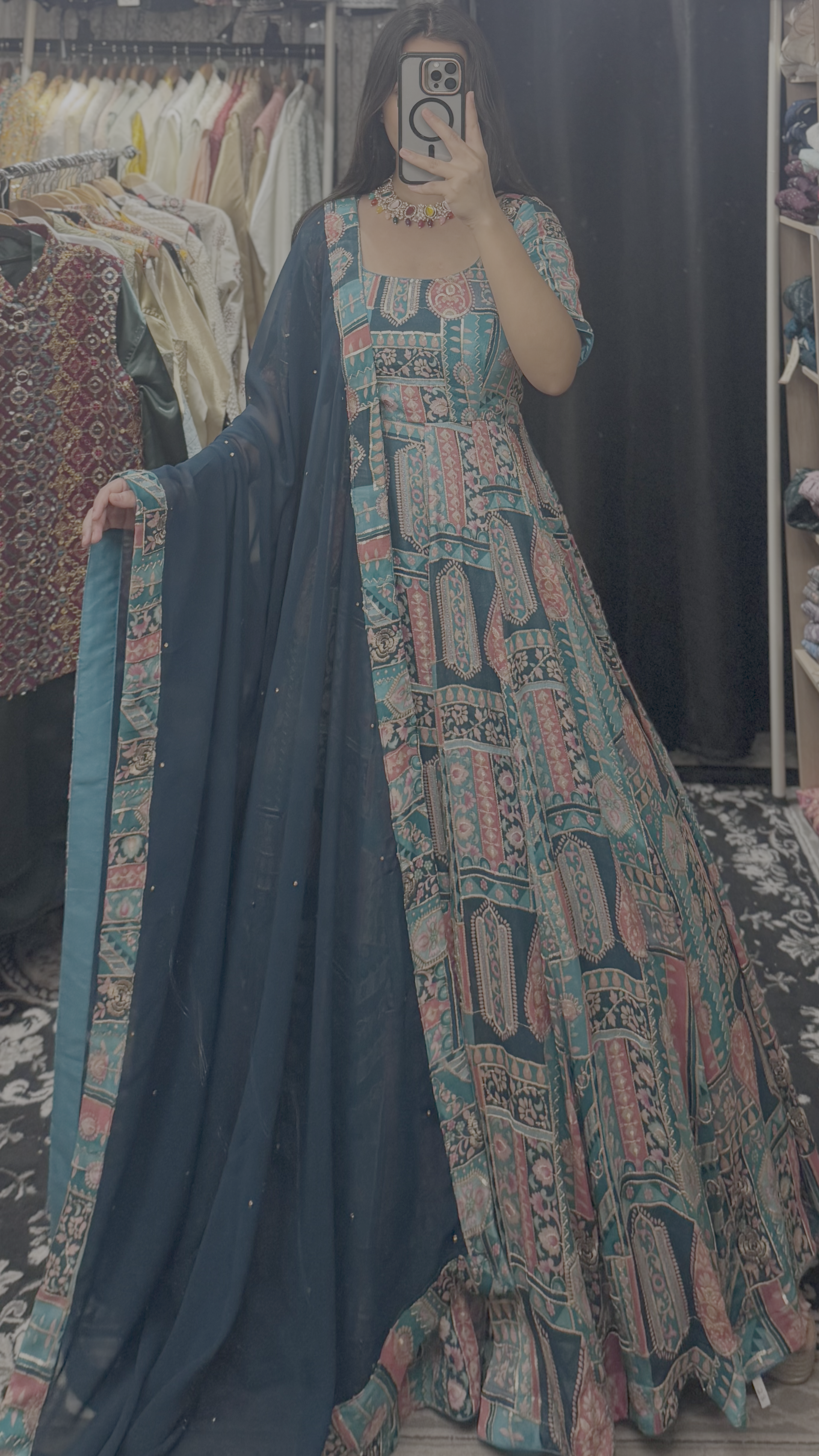 Teal & Blush Multicolour Printed Designer Anarkali Suit