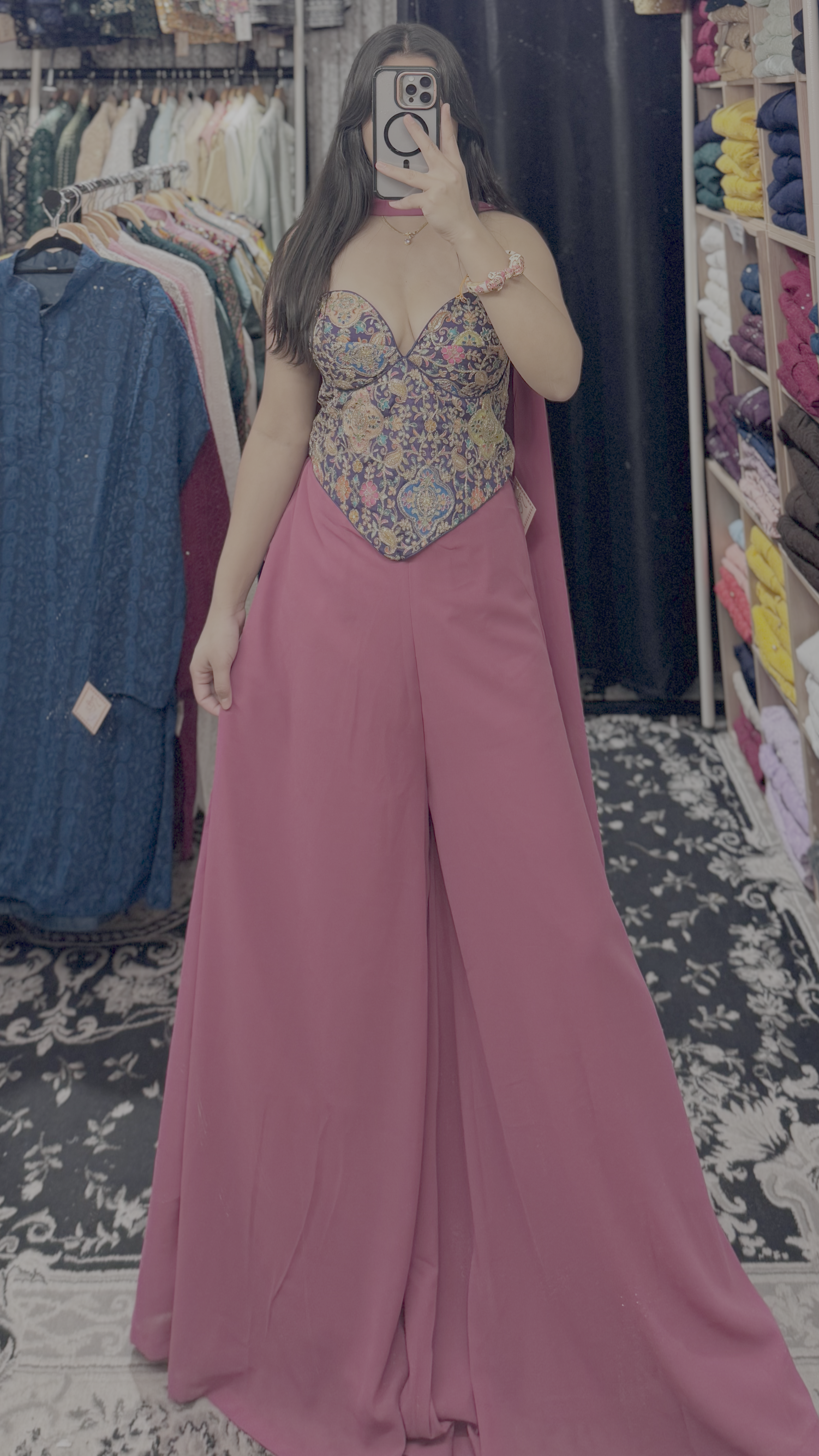 Purple Brocade Corset & Rose Pink Palazzo Set