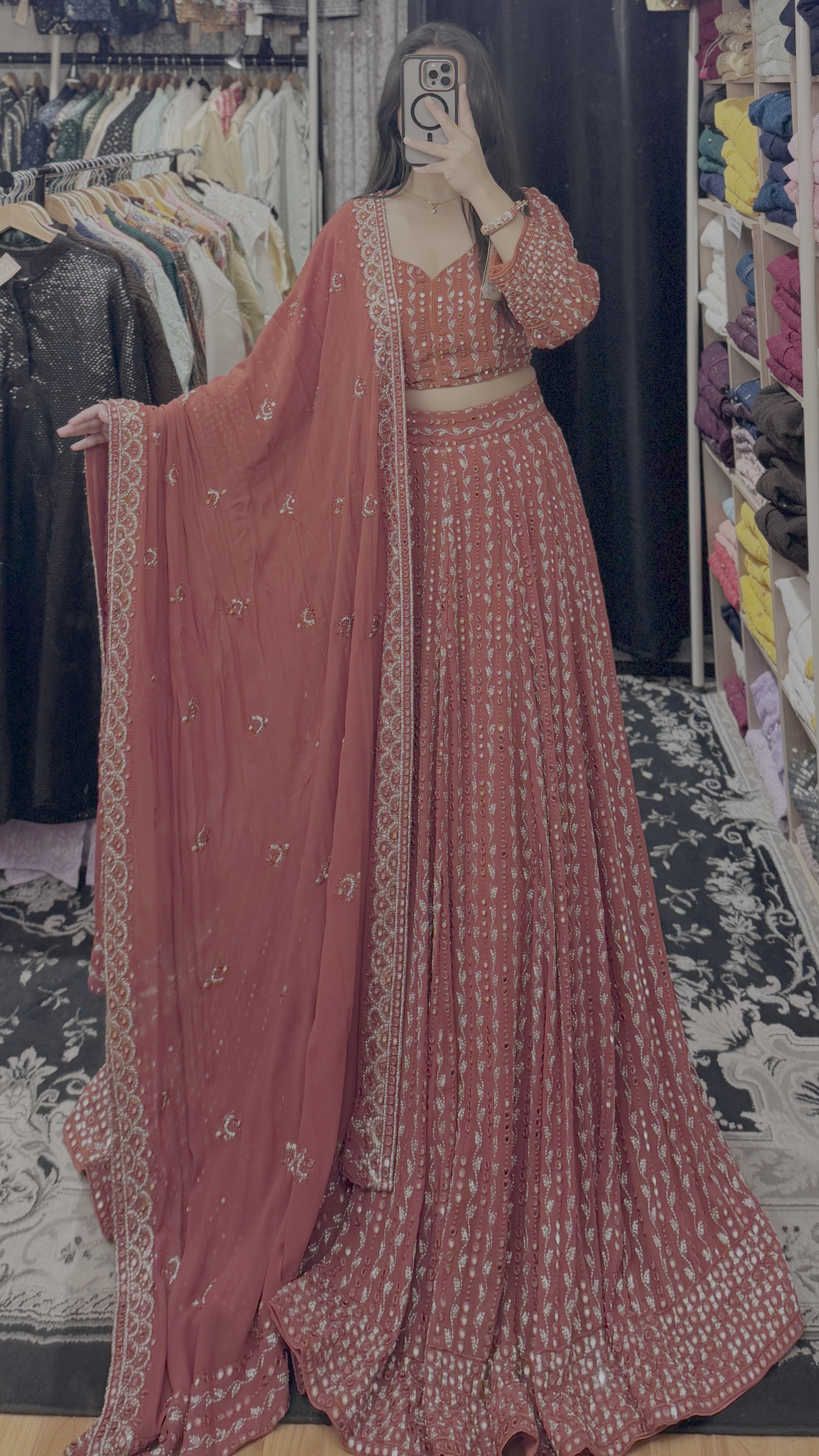 Deep Rose Sequin, Mirror & Thread Work Lehenga Choli with Embroidered Dupatta