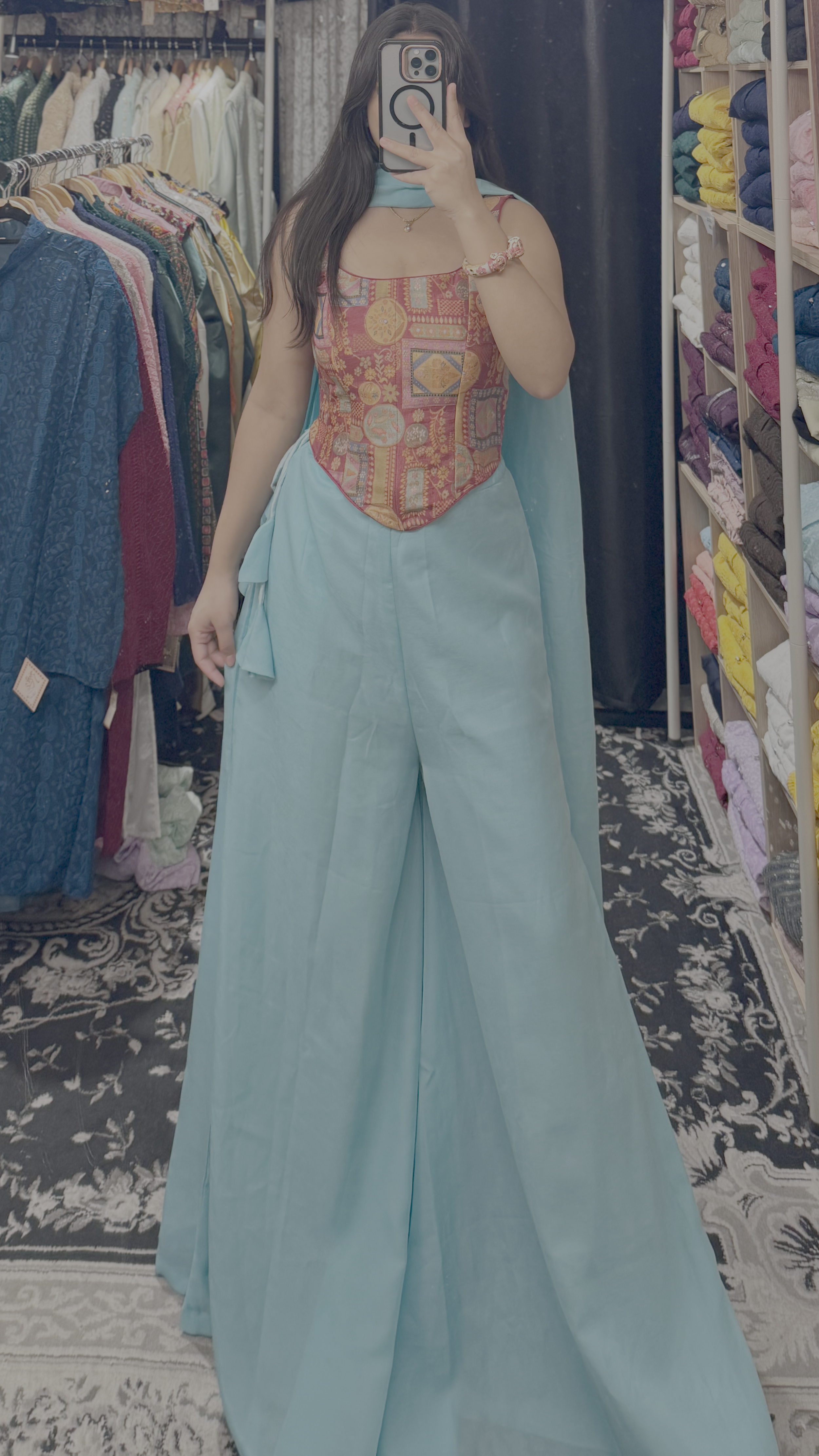 Powder Blue Palazzo Set with Printed Corset Blouse