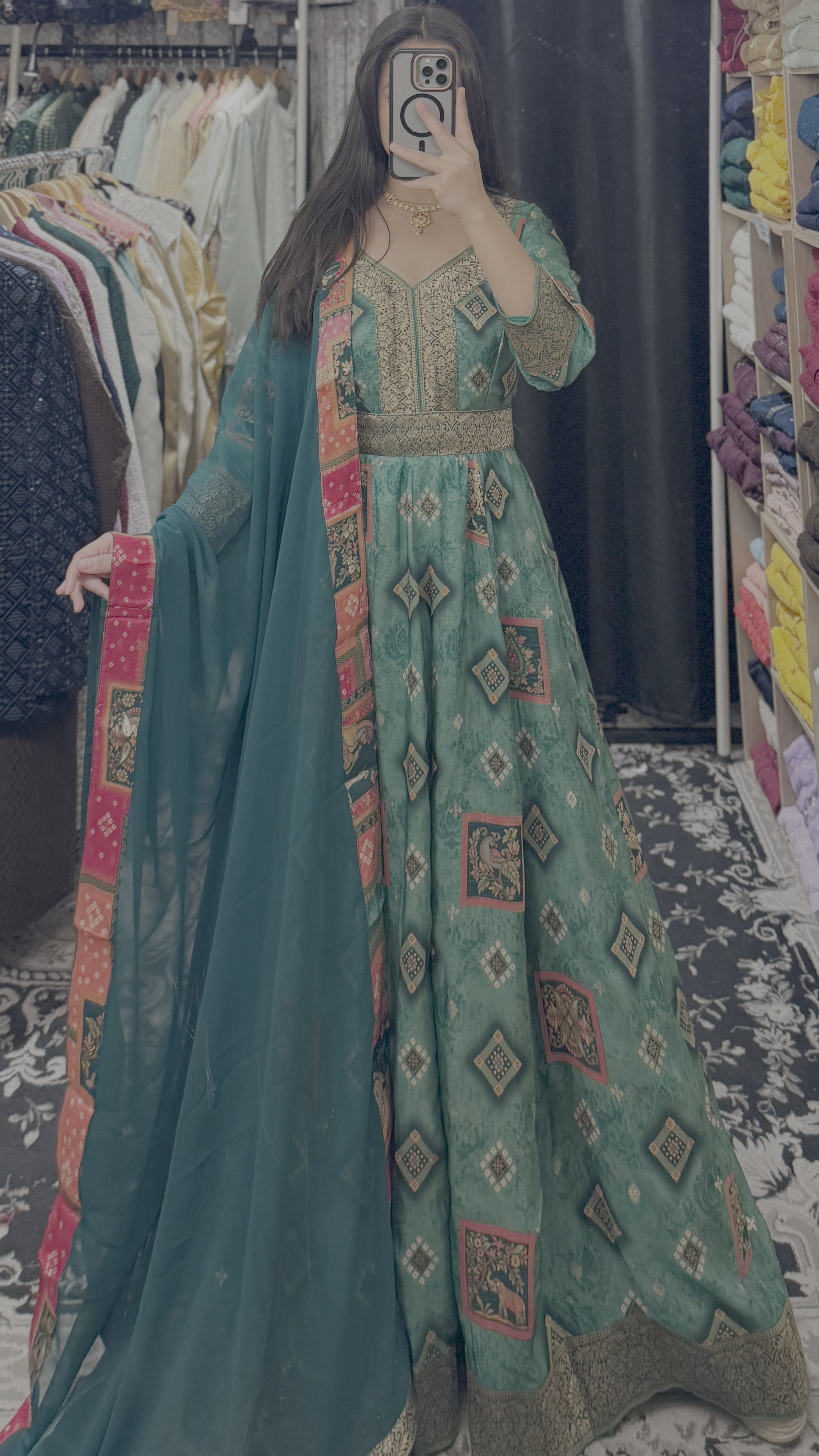 Sage Green Mughal Motif Printed Anarkali Gown with Dupatta