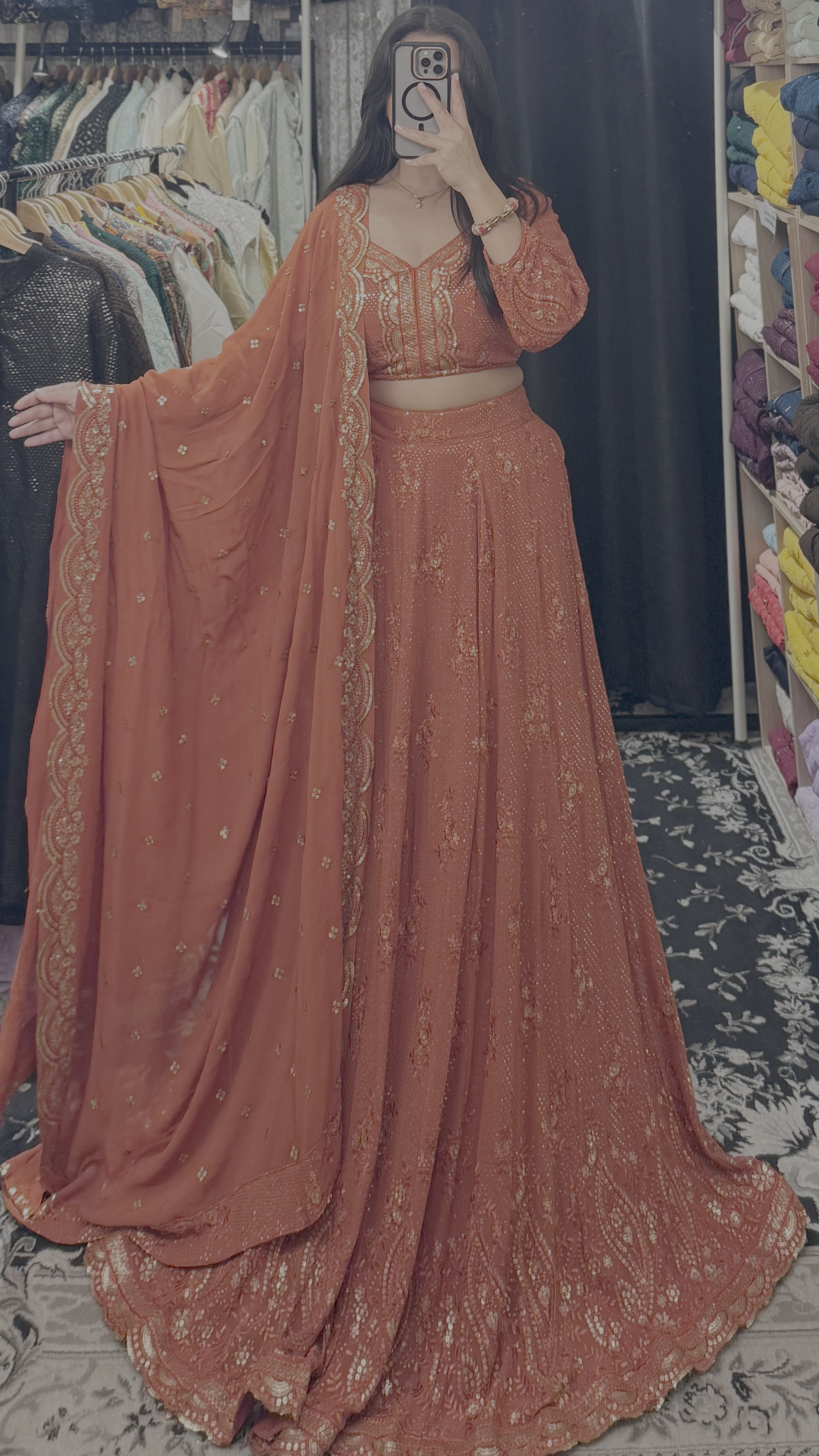 Rust Georgette Embroidered Lehenga Choli