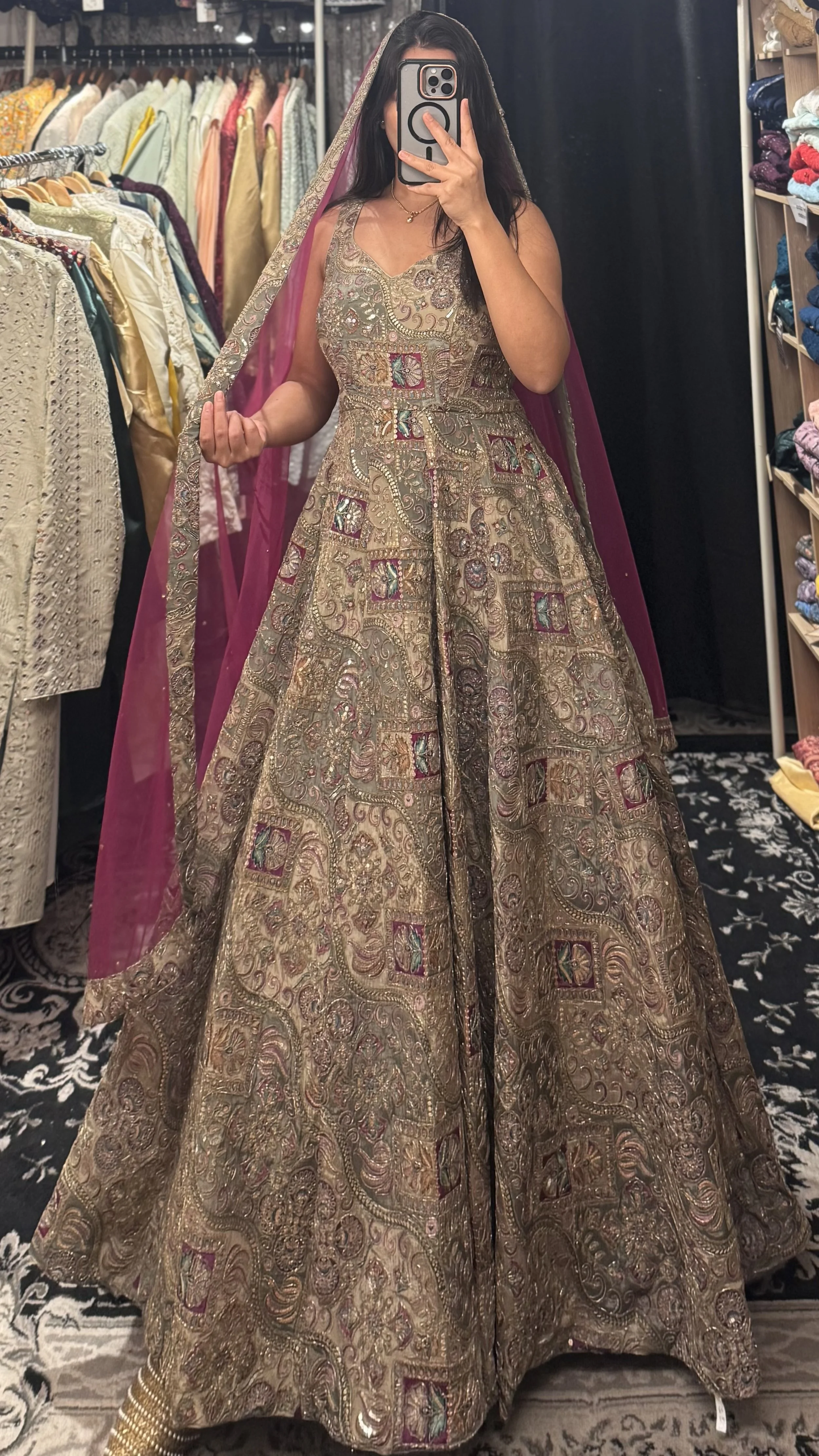 Designer gold heavy embroidered anarkali bridal gown with magenta dupatta — Indian bridal wear Australia — Rashi's Sydney.jpg