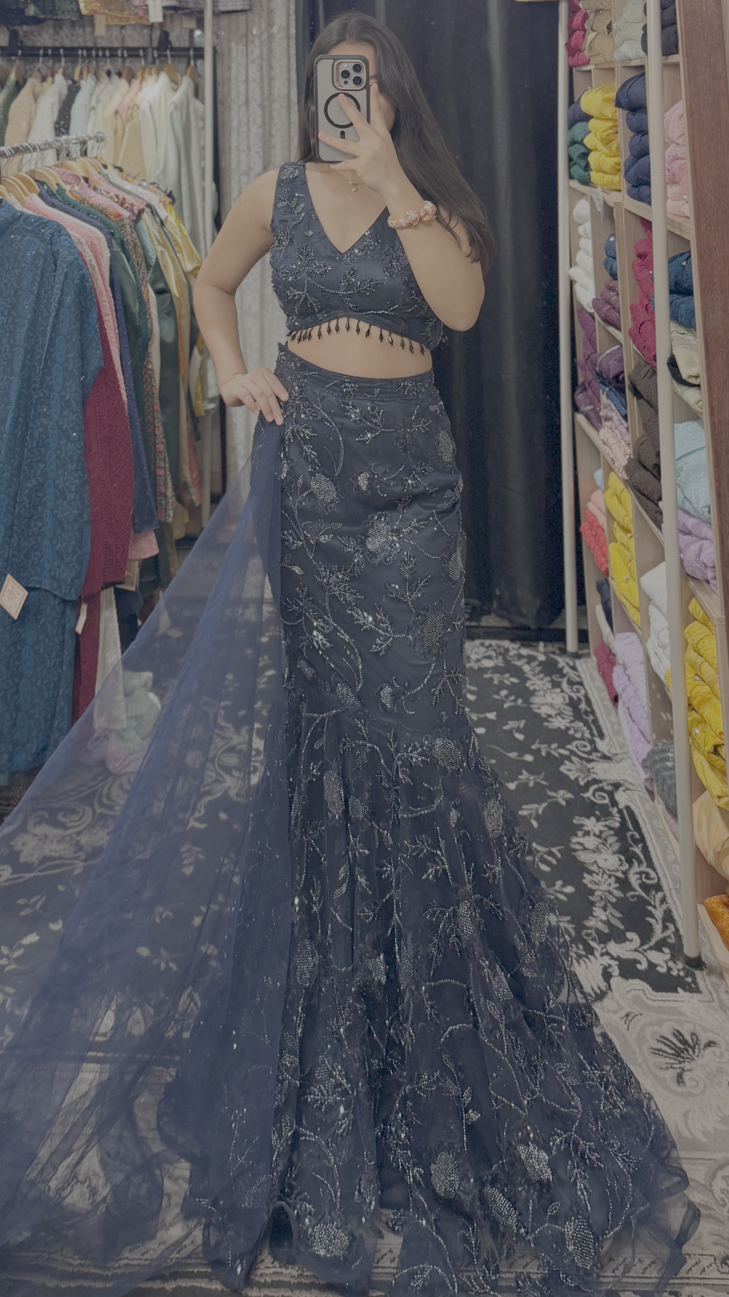 Navy Blue Sequin Embroidered Mermaid Lehenga Set