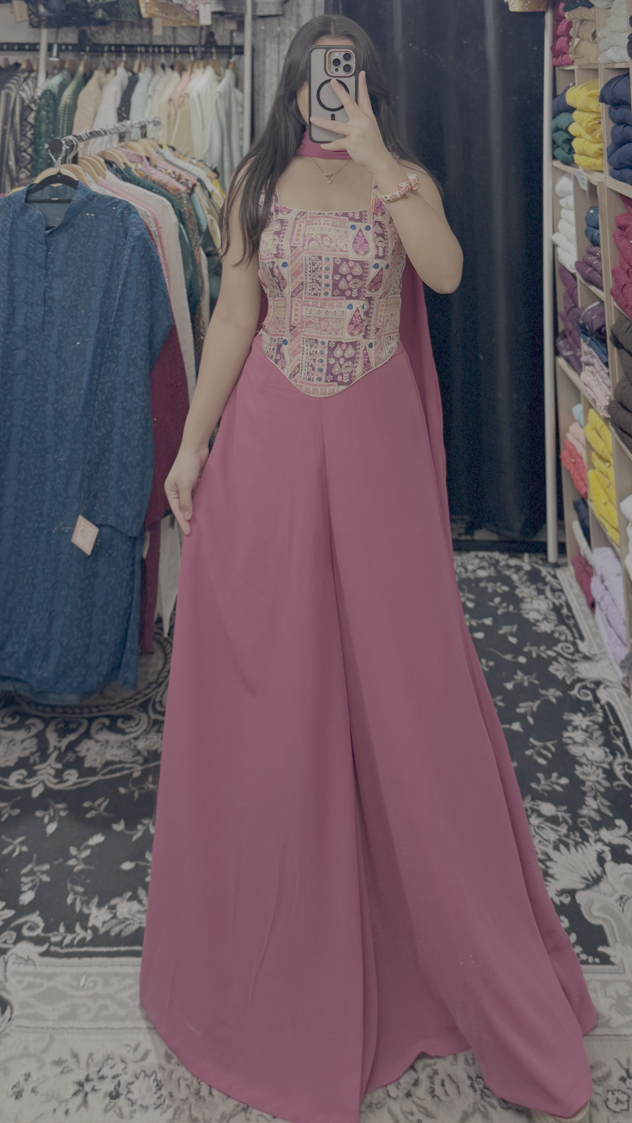 Ivory & Wine Rajasthani Patchwork Corset & Dusty Rose Palazzo Set with Cape Dupatta