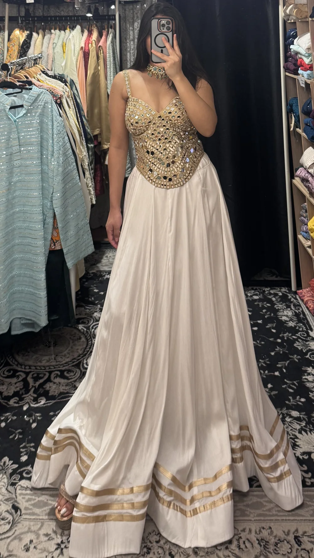 Gold Mirror Work Corset & White Cotton Lehenga