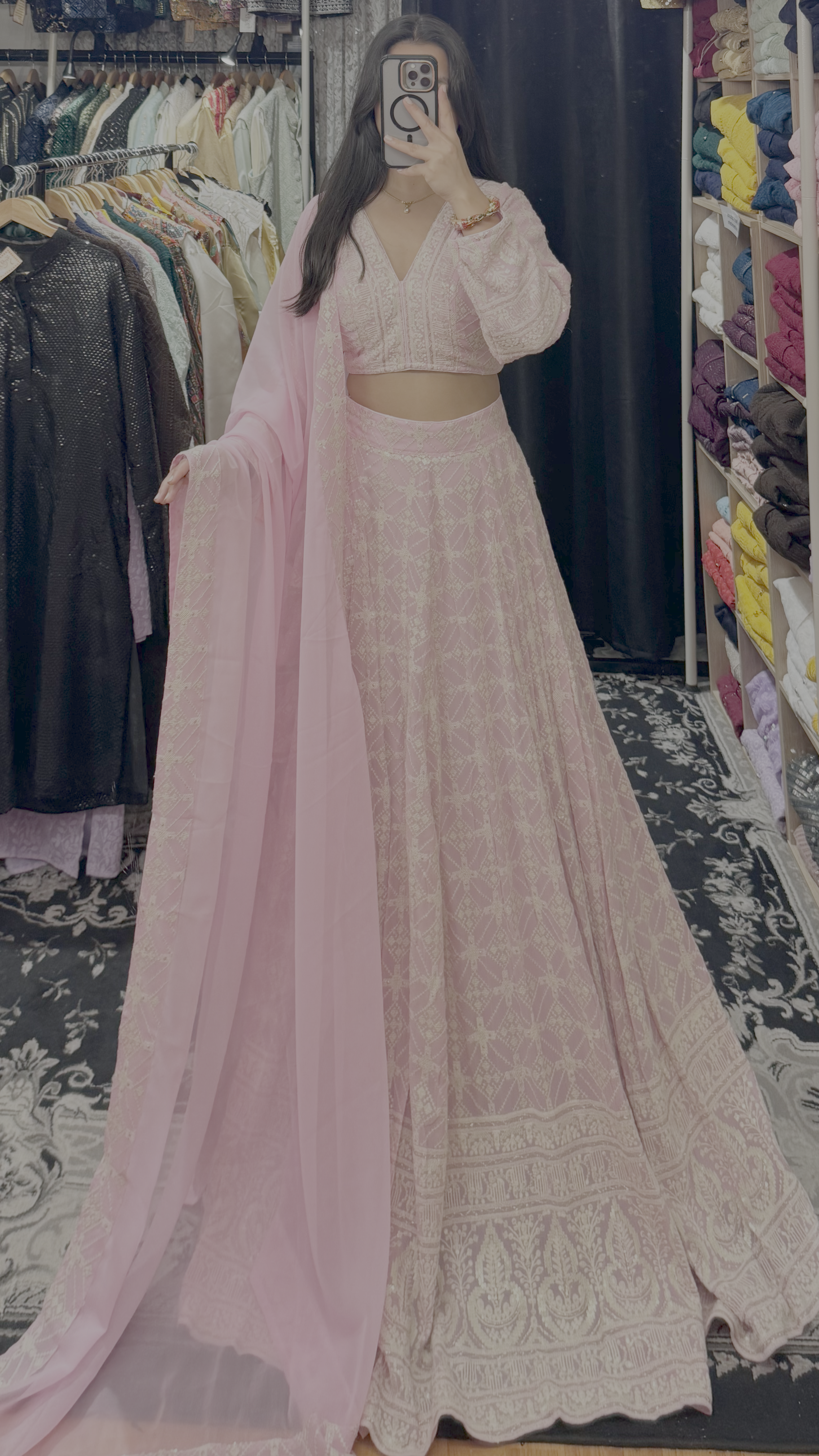 Blush Pink Chikankari Lehenga Choli with Ruffle Dupatta