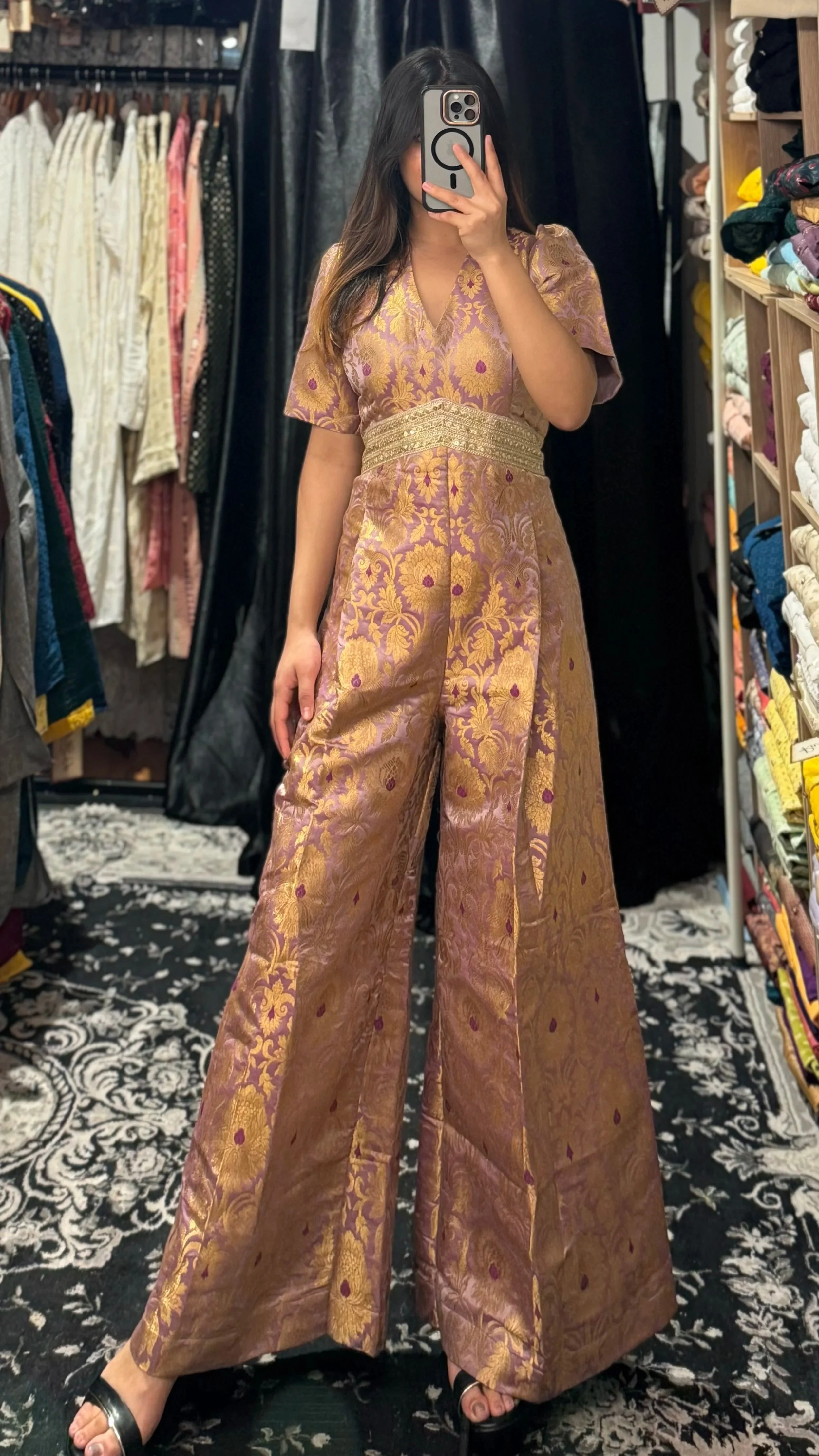 Designer Banarasi brocade jumpsuit - front view
