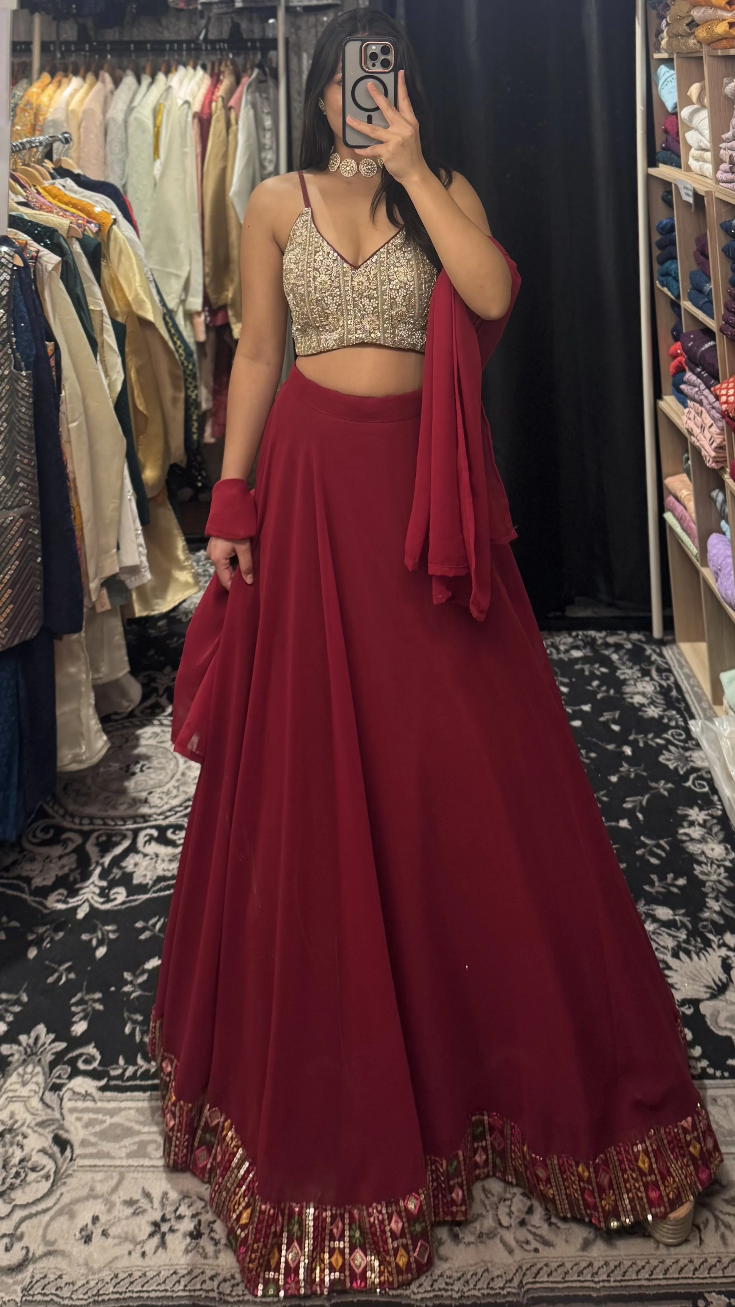 Wine Red & Gold Embroidered Lehenga Set
