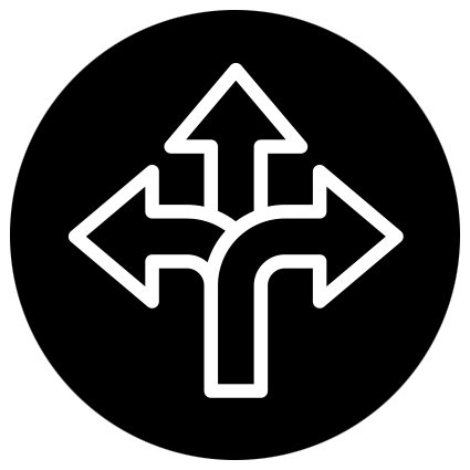 Ein schwarzes Symbol mit weißen Linien, das vier Richtungen mit Pfeilen zeigt, die nach oben, nach links, nach rechts und nach unten zeigen.