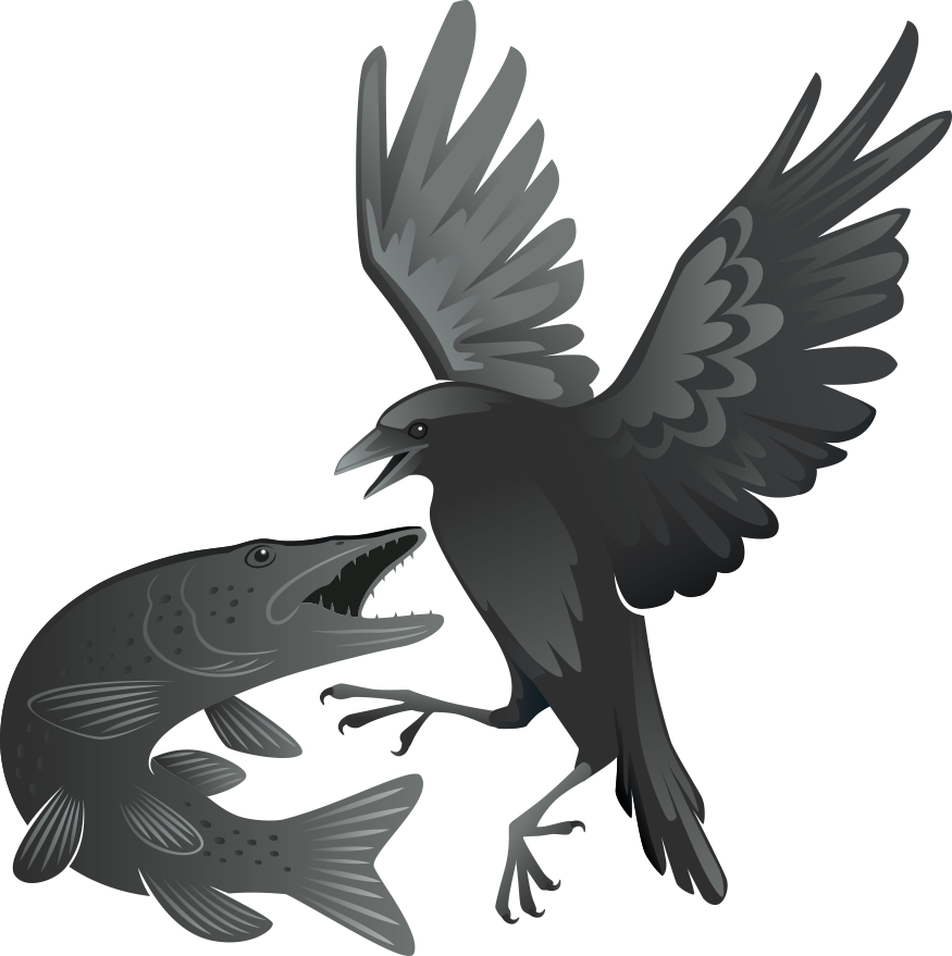 Logo von PIKE & CROW: Ein Hecht der mit einer Krähe kämpft