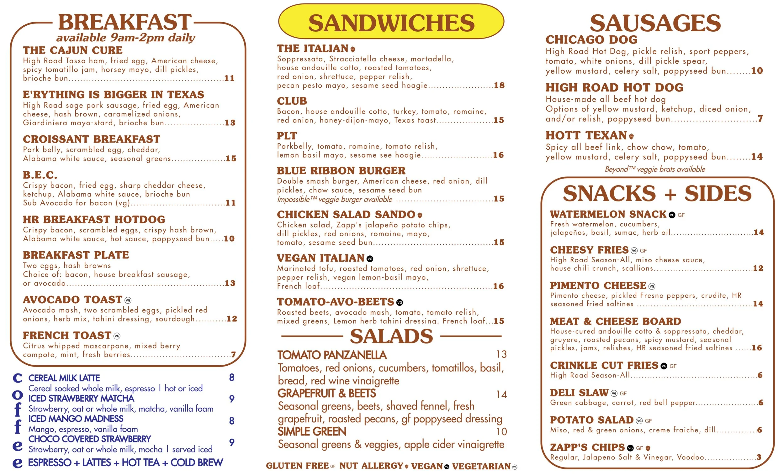 A restaurant menu divided into three sections: Breakfast, Sandwiches, and Sausages. The Breakfast section lists various breakfast dishes with descriptions and prices, and the Sandwiches and Sausages sections list different sandwich and sausage option