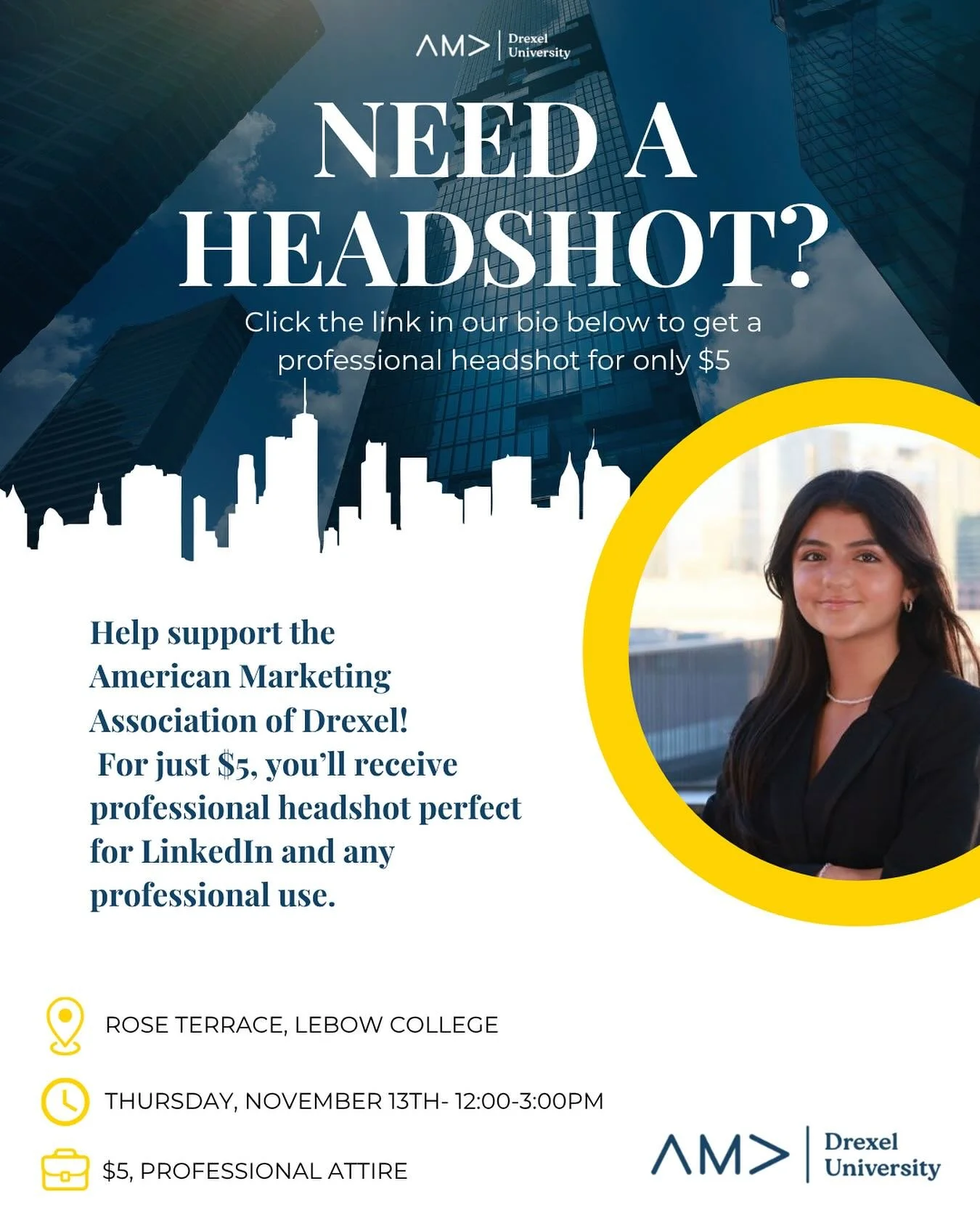 Need a professional headshot? 📸

Click the link in our bio to sign up and reserve your spot!

Join us on Thursday, November 13th from 12&ndash;3 PM at Rose Terrace (LeBow College) for a $5 headshot session hosted by the American Marketing Associatio