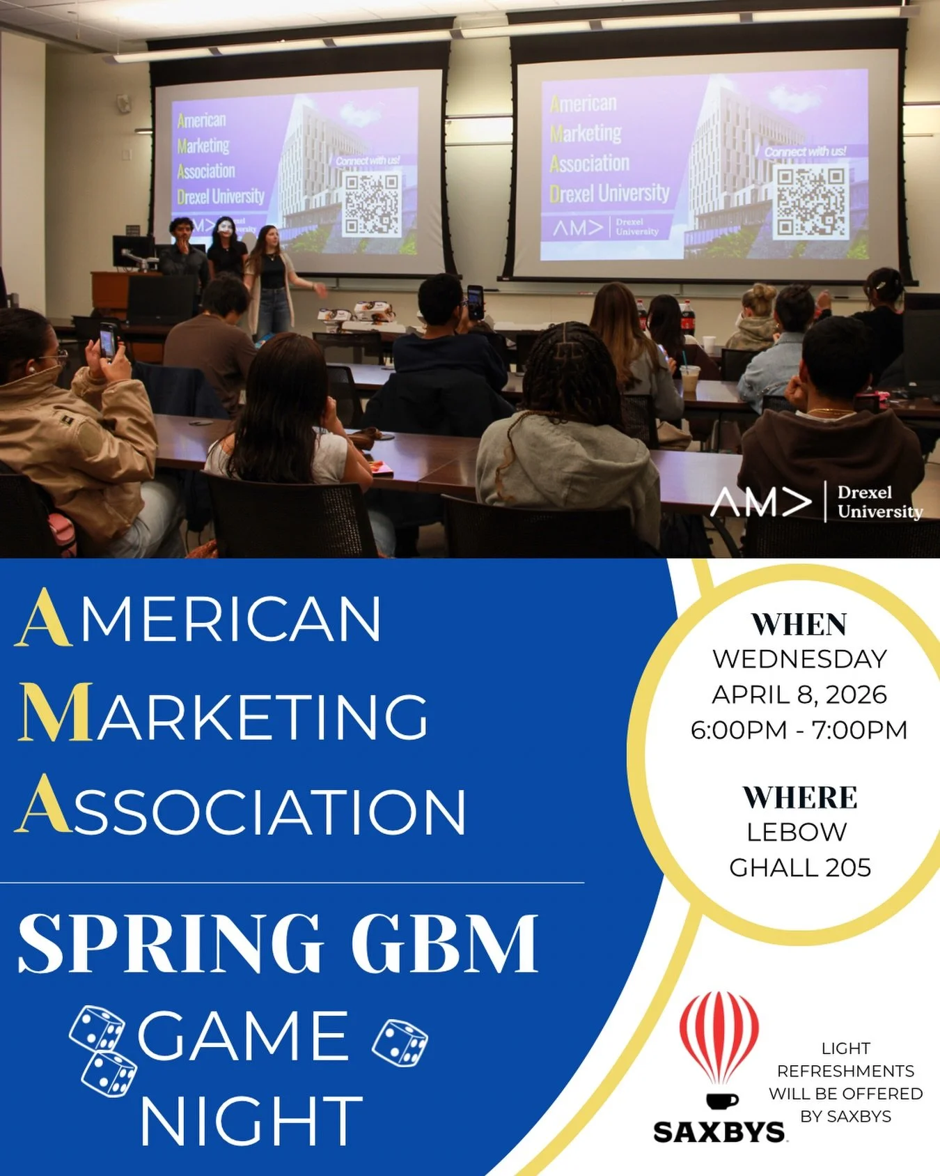 Game night, but make it marketing 🎲✨
April 8 | 6&ndash;7 PM Lebow 205

Come connect, compete, and unwind and&hellip;&hellip; refreshments by Saxbys 👀☕️ Bring a friend &amp; we&rsquo;ll see you there! 

#AMADrexel #Spring #DrexelLife #GameNight