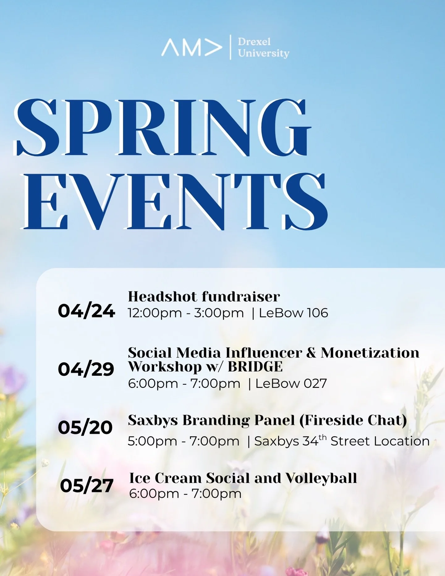 Save the dates ✨ Spring is here and so are some amazing opportunities to connect, learn, and grow 🌸 Join us at these upcoming Drexel AMA events and make the most of the season! #spring #drexel #college #drexeluniversity #ama