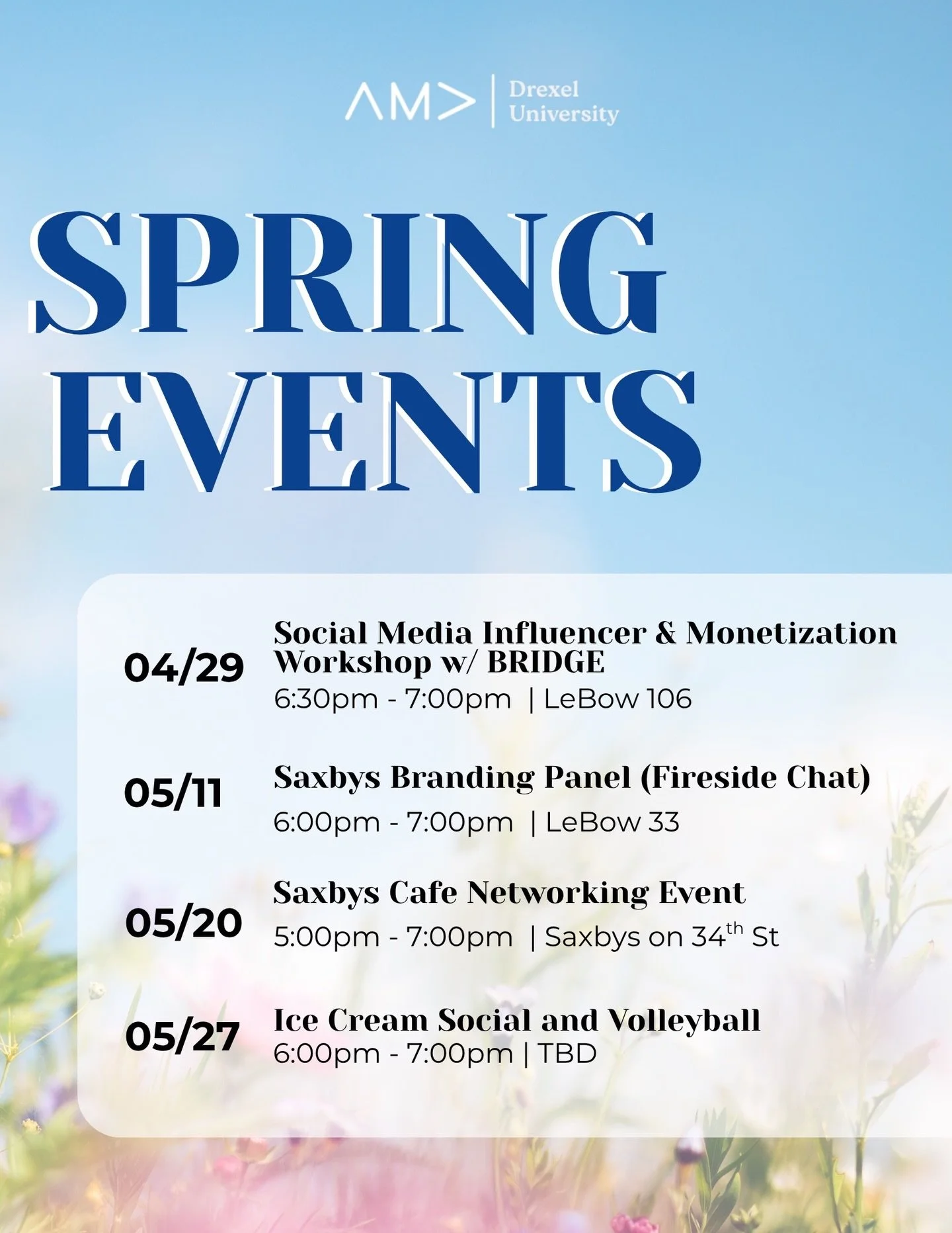 Save the dates!! Spring is here and so are some amazing opportunities to connect, learn, and grow. ☀️🌷

Join us at these upcoming AMA events and make the most of the season! #spring #drexel #college #drexeluniversity #ama