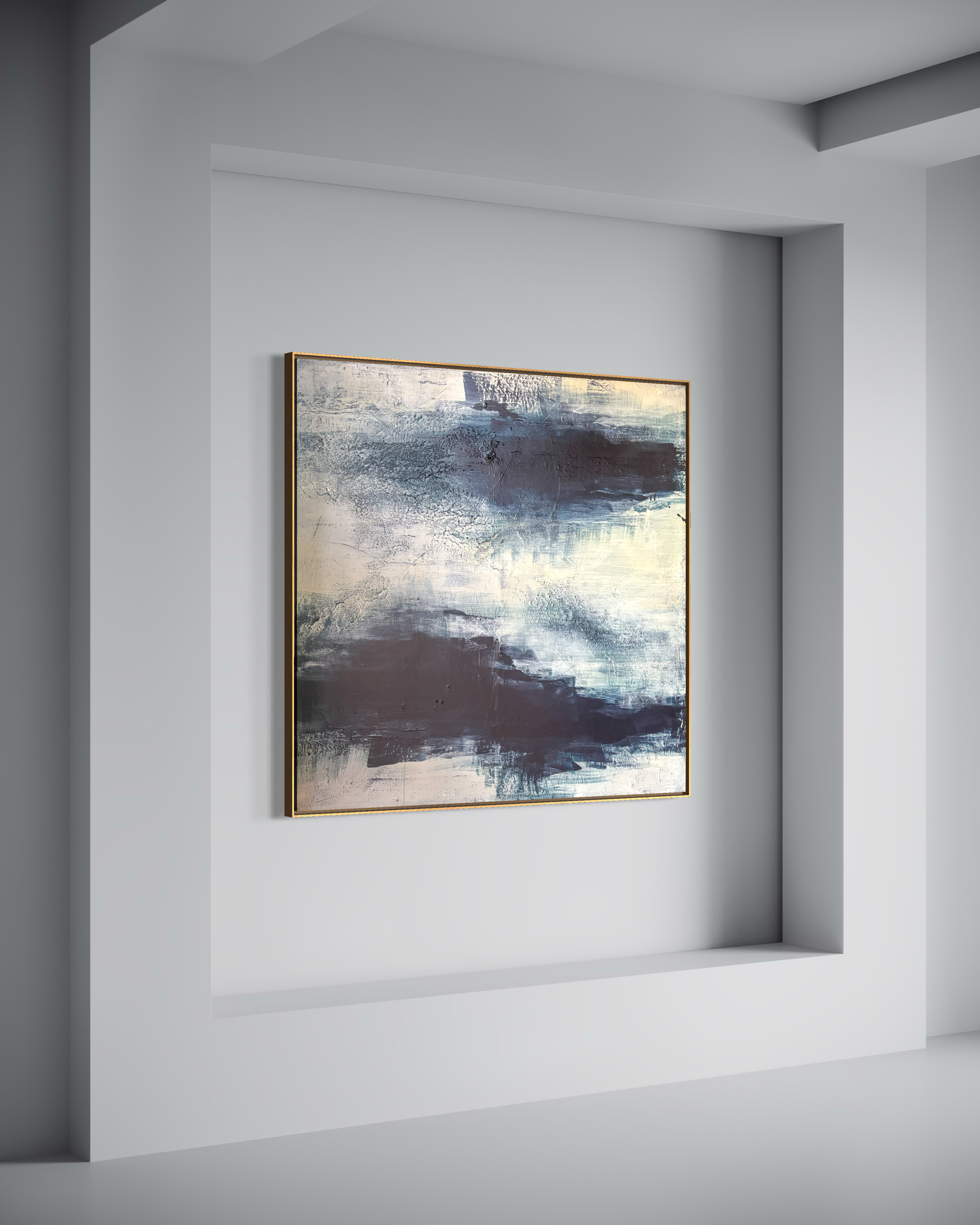 Where We Part — abstract painting by Janne de Boer, mixed media on canvas with layered blues, greys and blacks