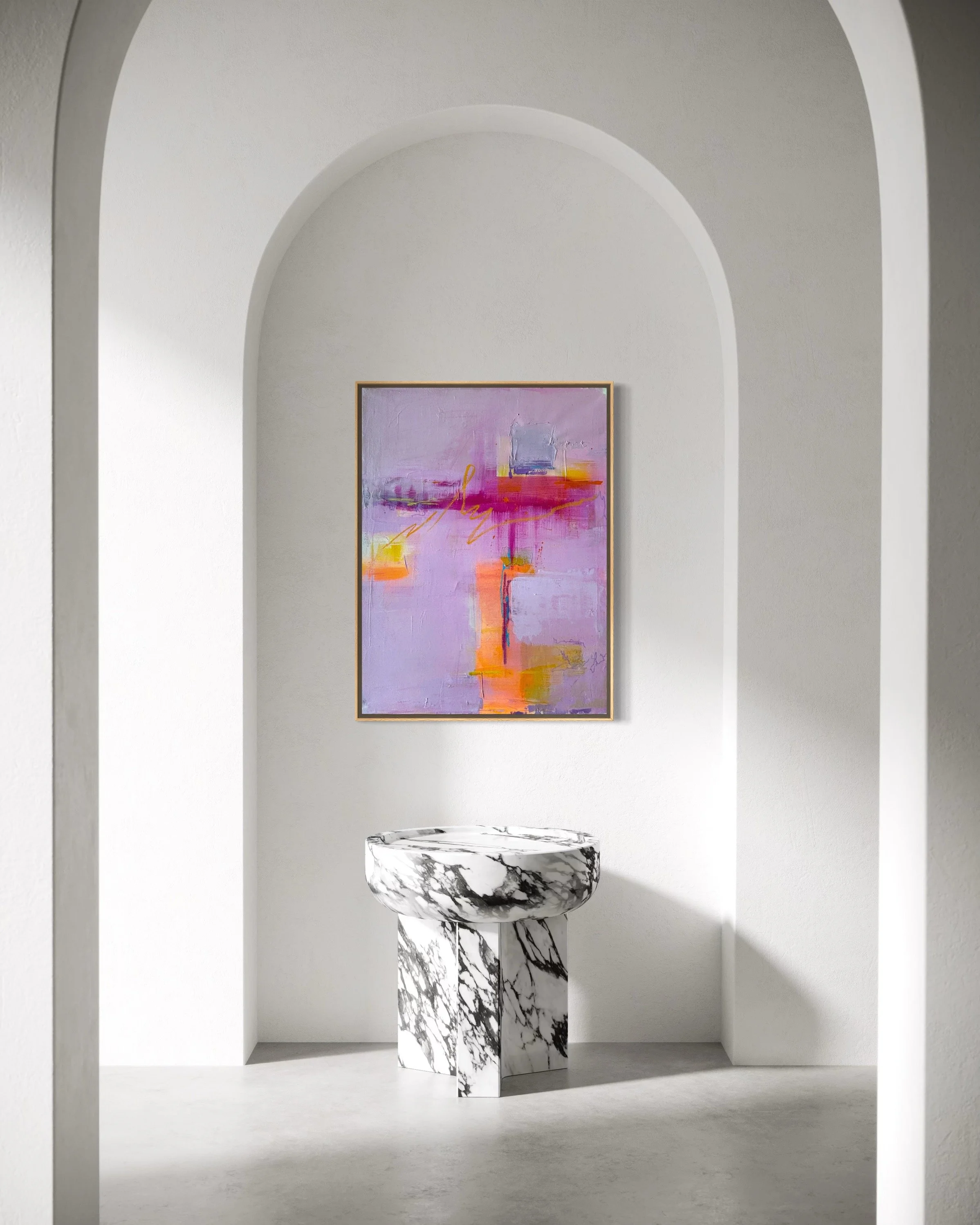 An art gallery with a minimalist design displaying a colorful abstract painting on a white wall and a marble pedestal in the foreground. An original abstract painting by Janne de Boer