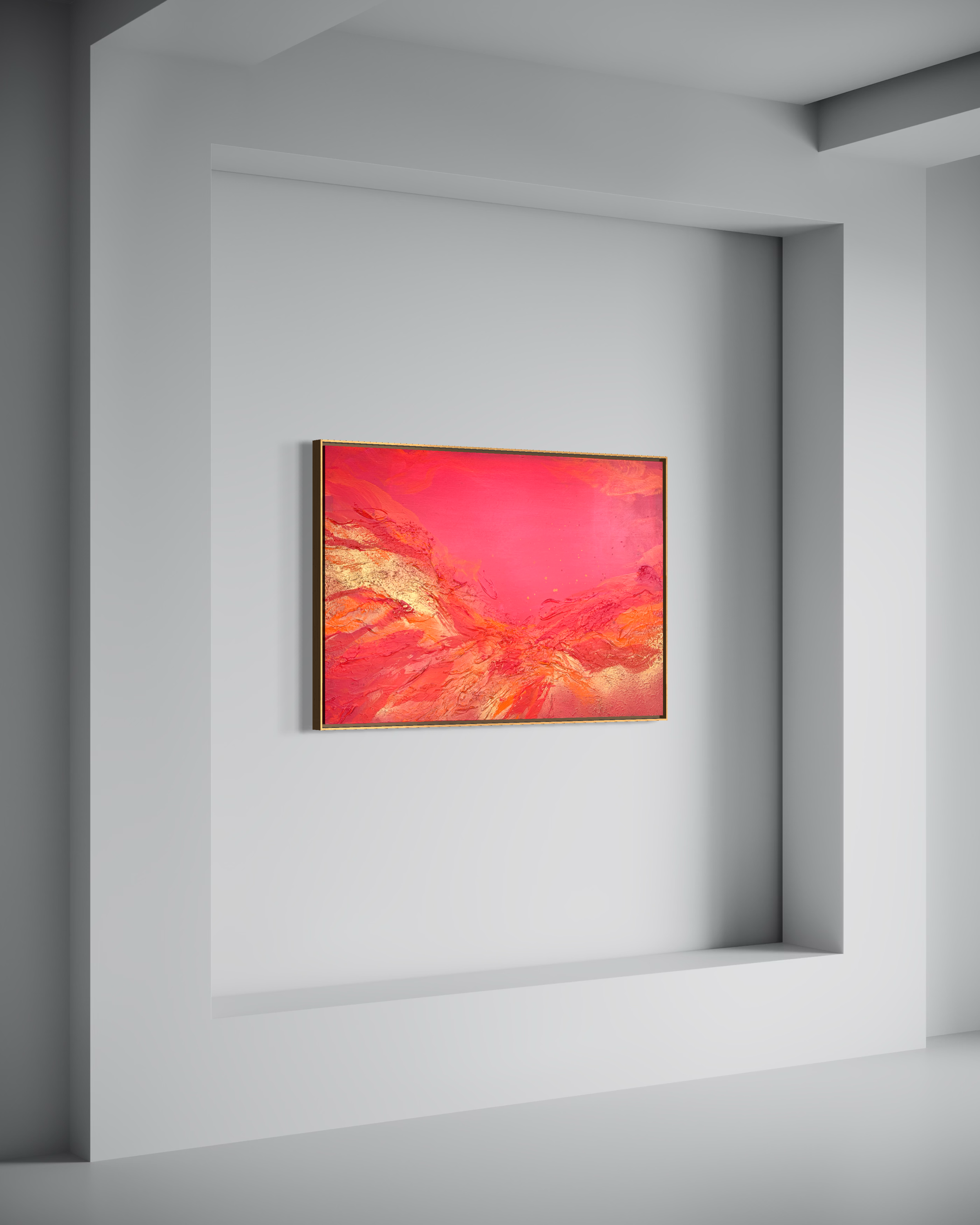 Sutra, an abstract painting by Janne de Boer. An abstract painting with warm tones of red, orange, and gold, framed and mounted on a light gray wall in a modern art gallery.