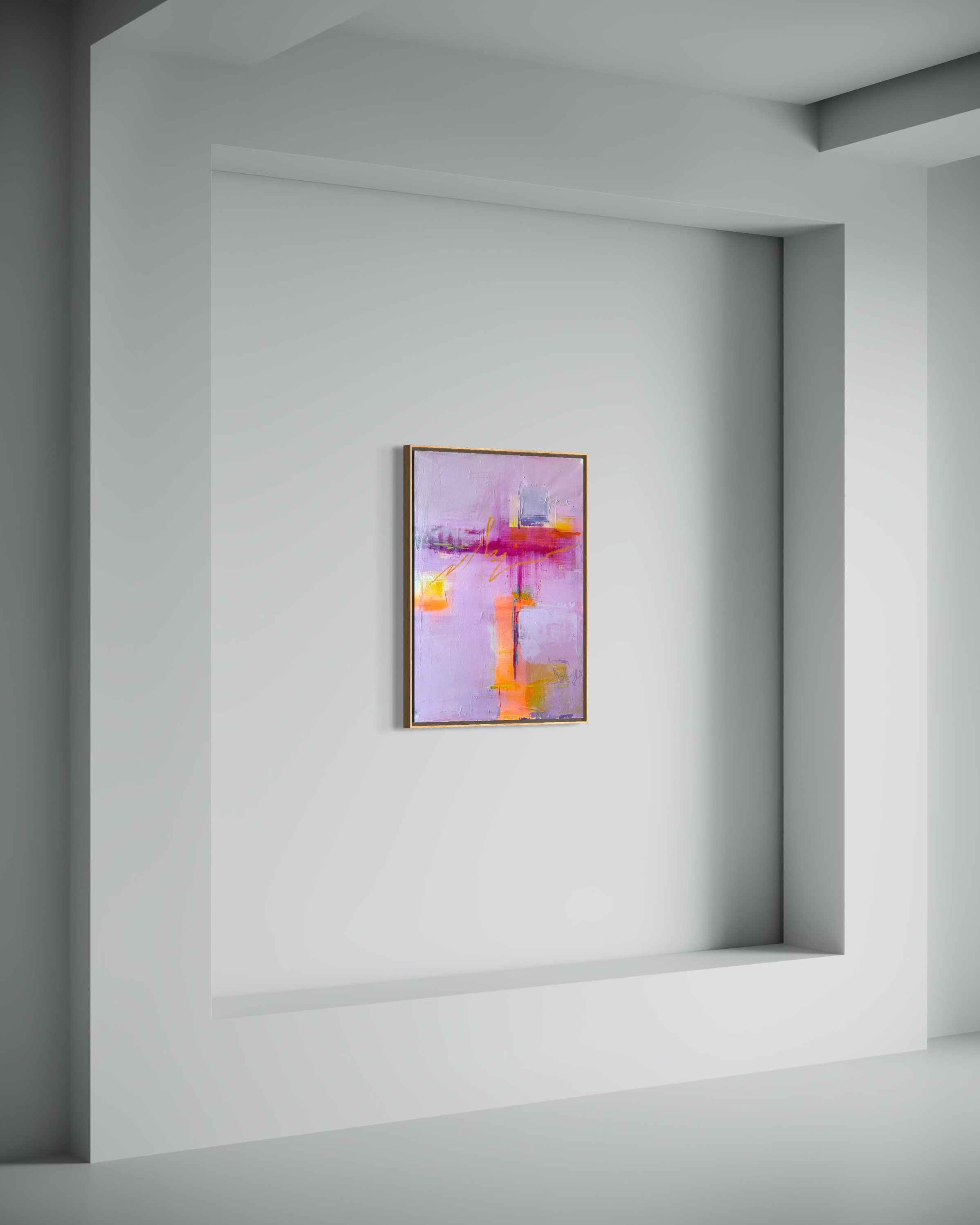 An abstract painting with pink, purple, orange, and blue colors hung on a white wall in a minimalist gallery space. An original abstract painting by Janne de Boer