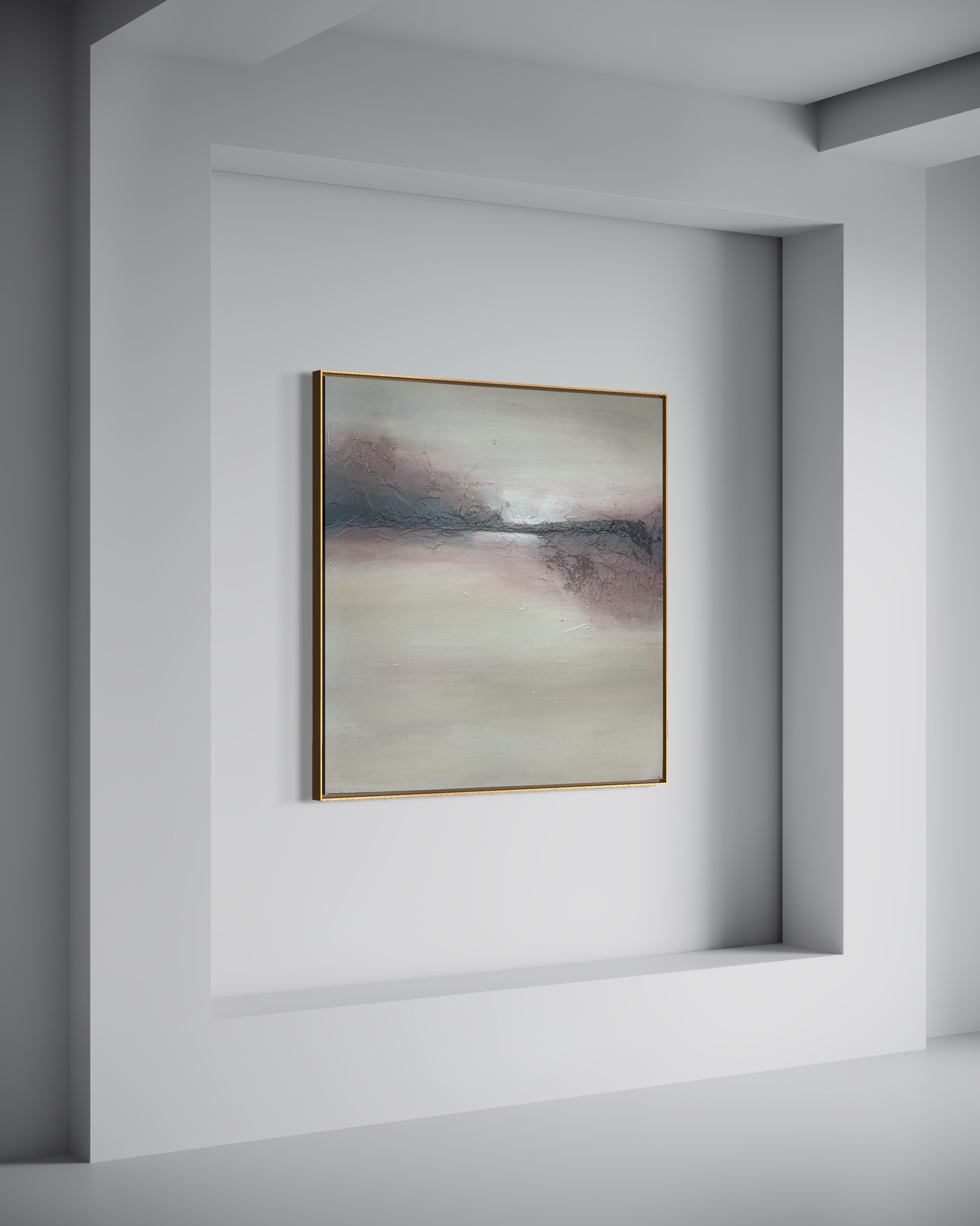 Contemporary art painting with abstract landscape in muted tones, hanging on a white gallery wall. "Sawah Bera", original painting by Janne de Boer